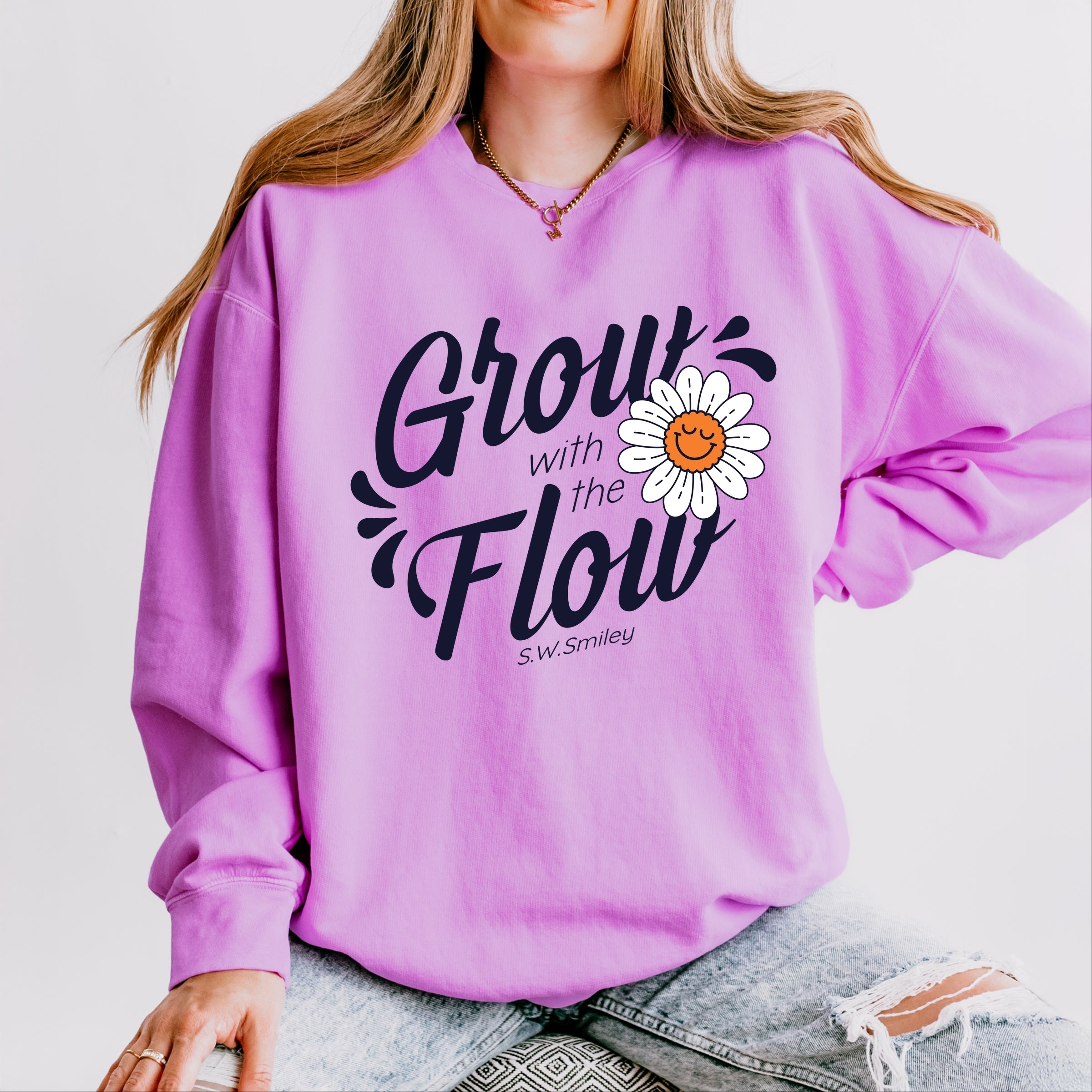 S.W.Smiley Grow With The Flow Flower - Women's Lightweight Garment Dyed Sweatshirt