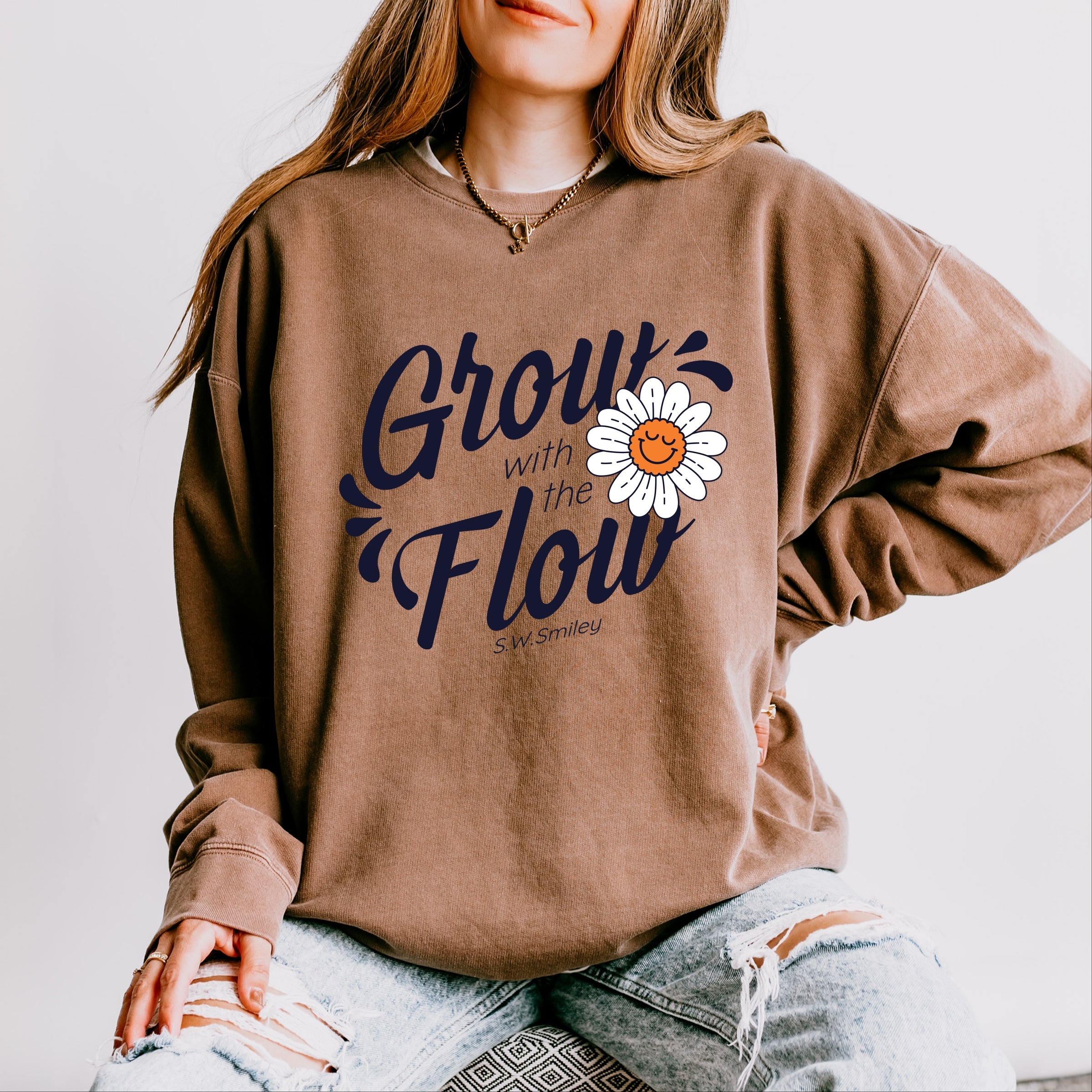 S.W.Smiley Grow With The Flow Flower - Women's Lightweight Garment Dyed Sweatshirt
