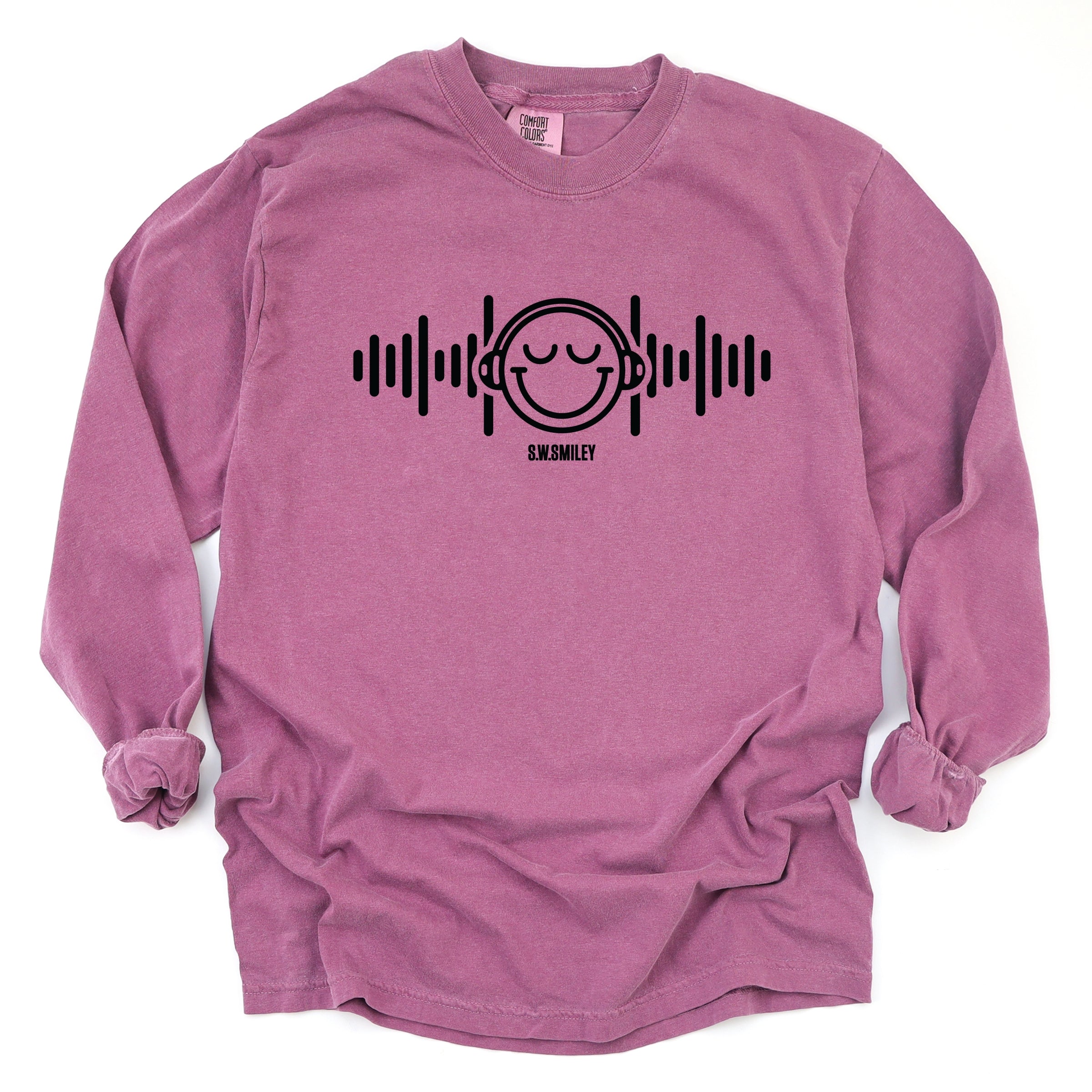 S.W.Smiley Headphones Music - Women's Garment Dyed Long Sleeve Graphic T-Shirt