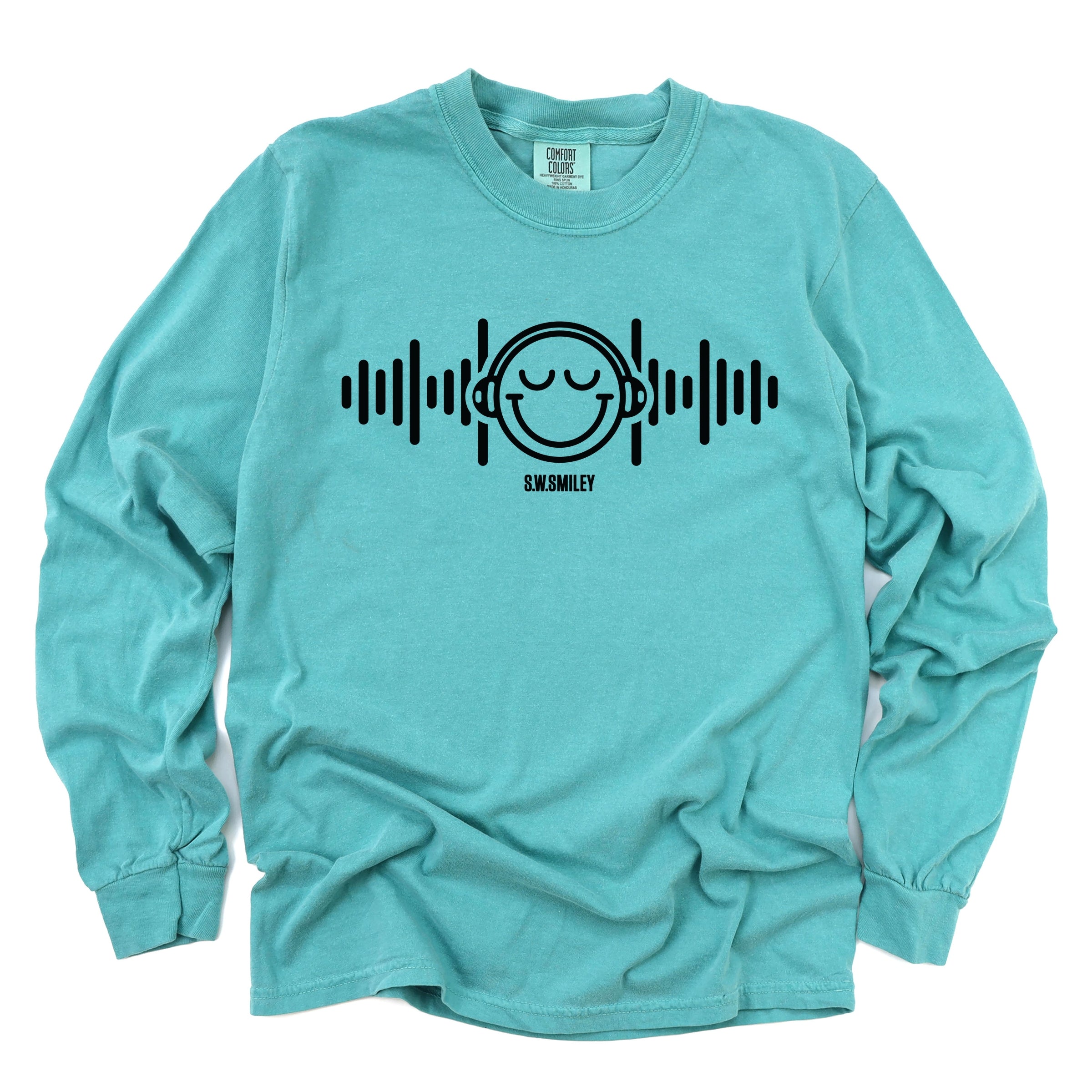 S.W.Smiley Headphones Music - Women's Garment Dyed Long Sleeve Graphic T-Shirt