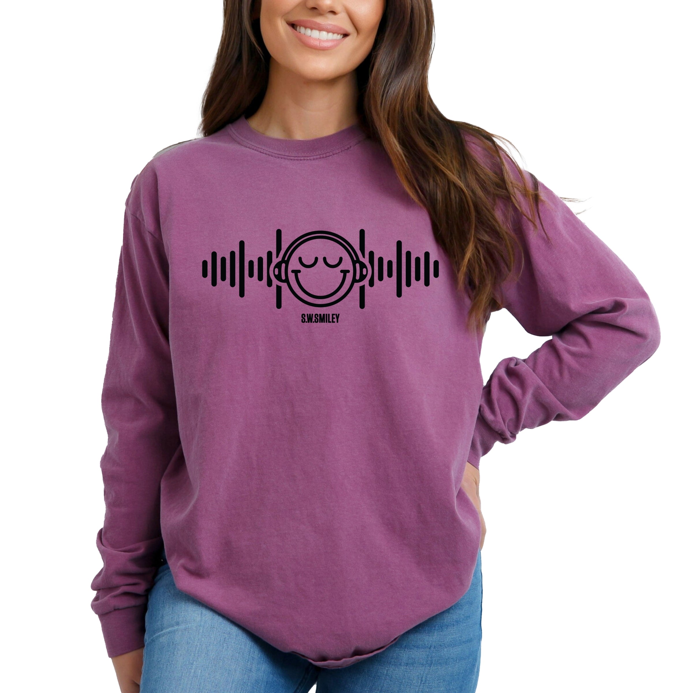 S.W.Smiley Headphones Music - Women's Garment Dyed Long Sleeve Graphic T-Shirt