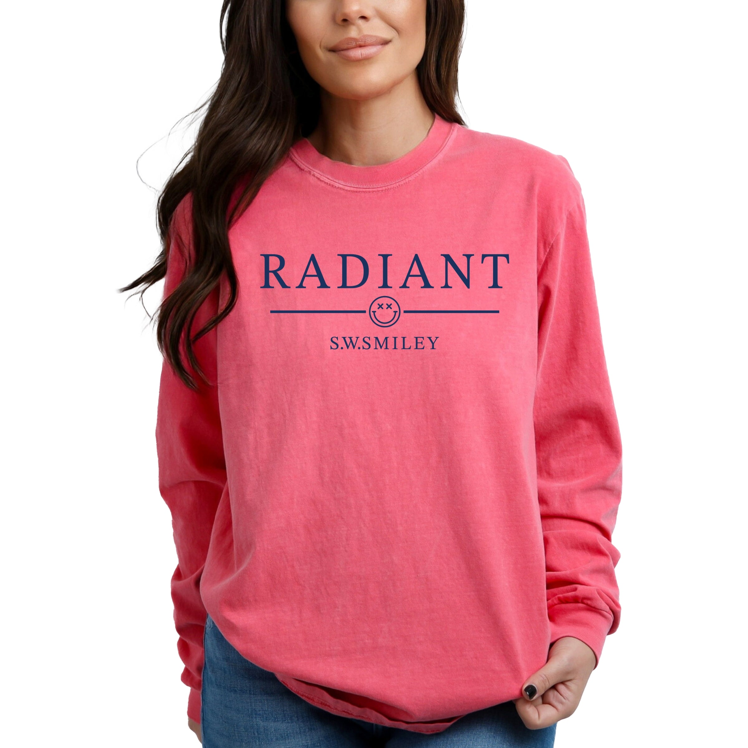 S.W.Smiley Radiant Smiley Outline - Women's Garment Dyed Long Sleeve Graphic T-Shirt