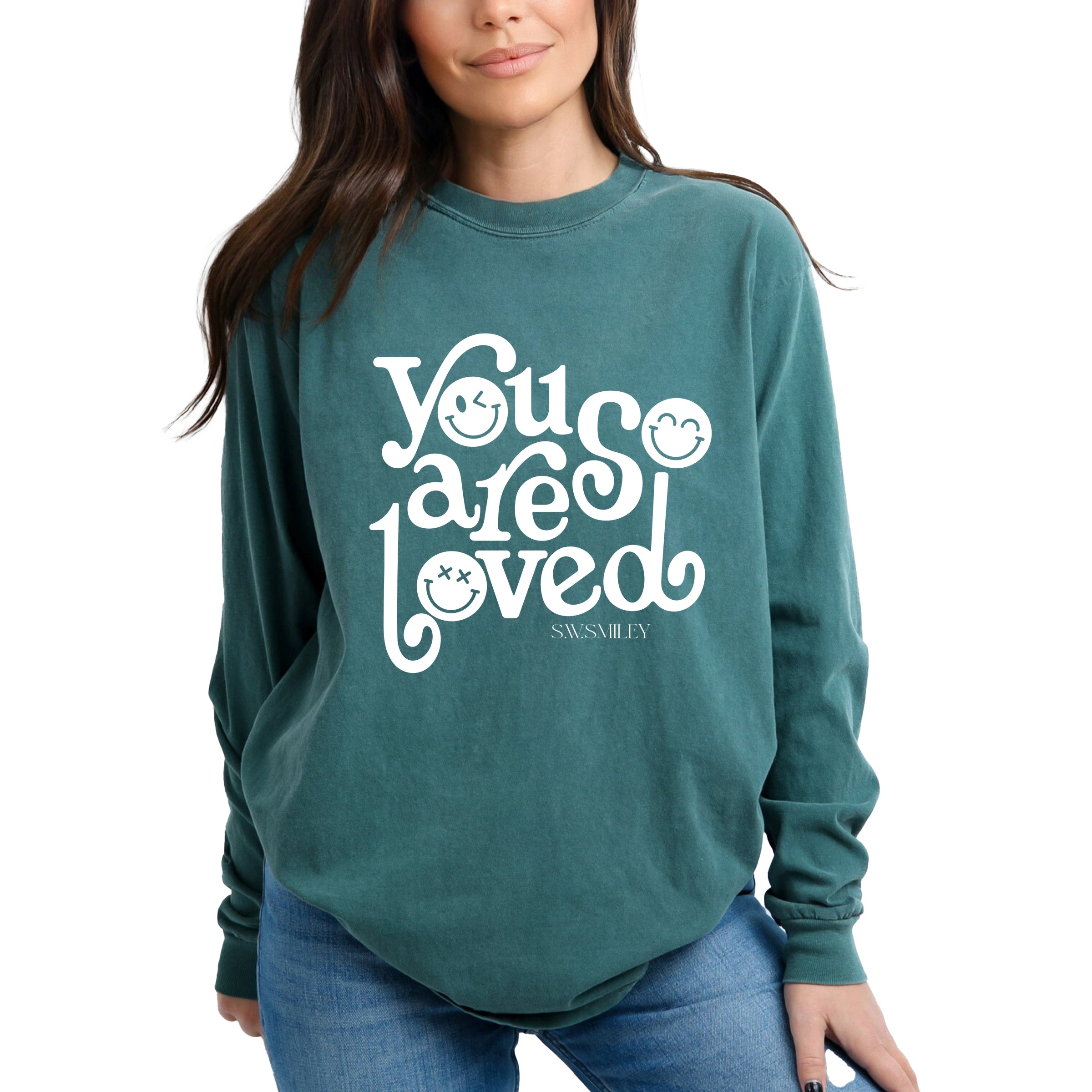 S.W.Smiley You Are So Loved - Women's Garment Dyed Long Sleeve Graphic T-Shirt
