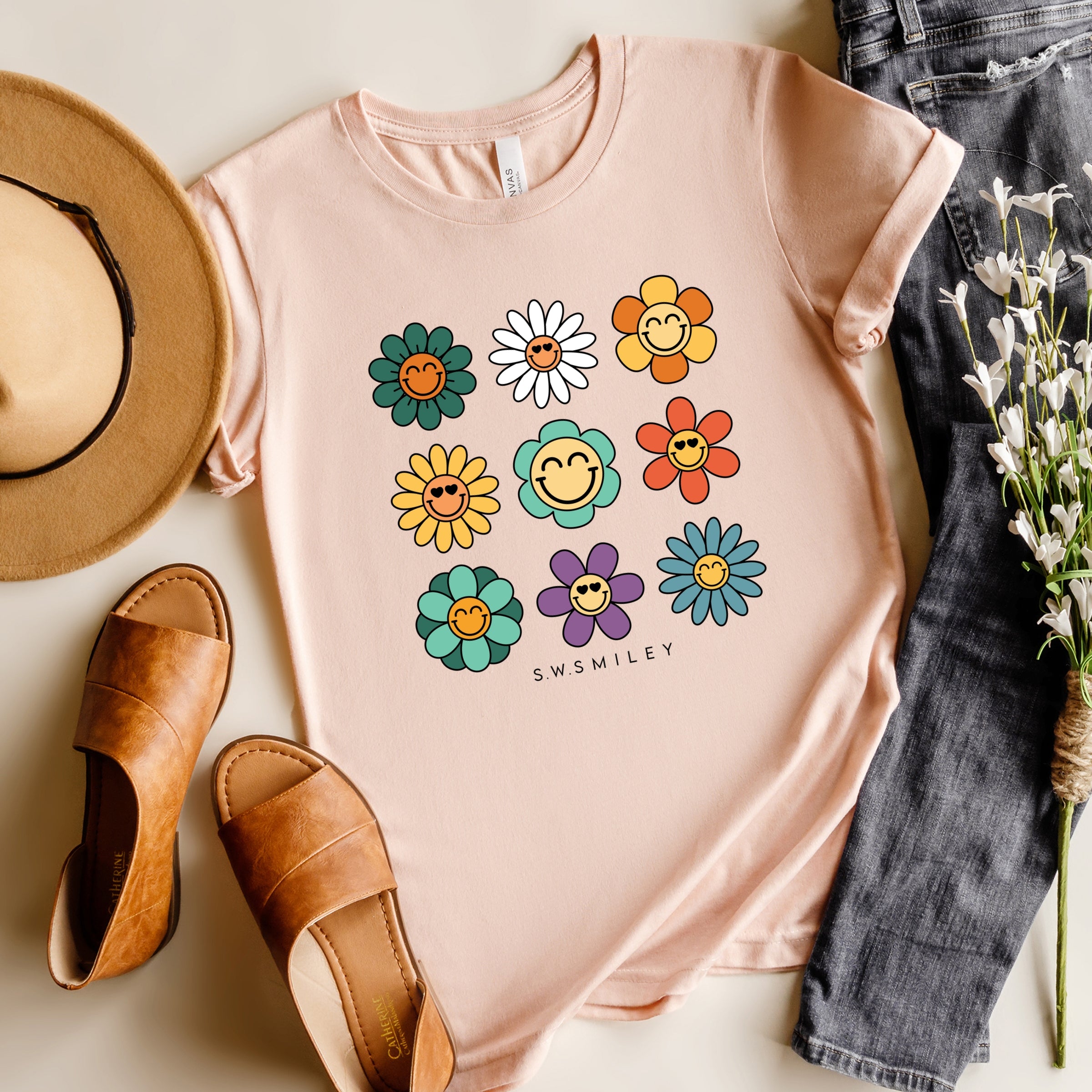 S.W.Smiley Flowers Stacked - Women's Short Sleeve Graphic T-Shirt