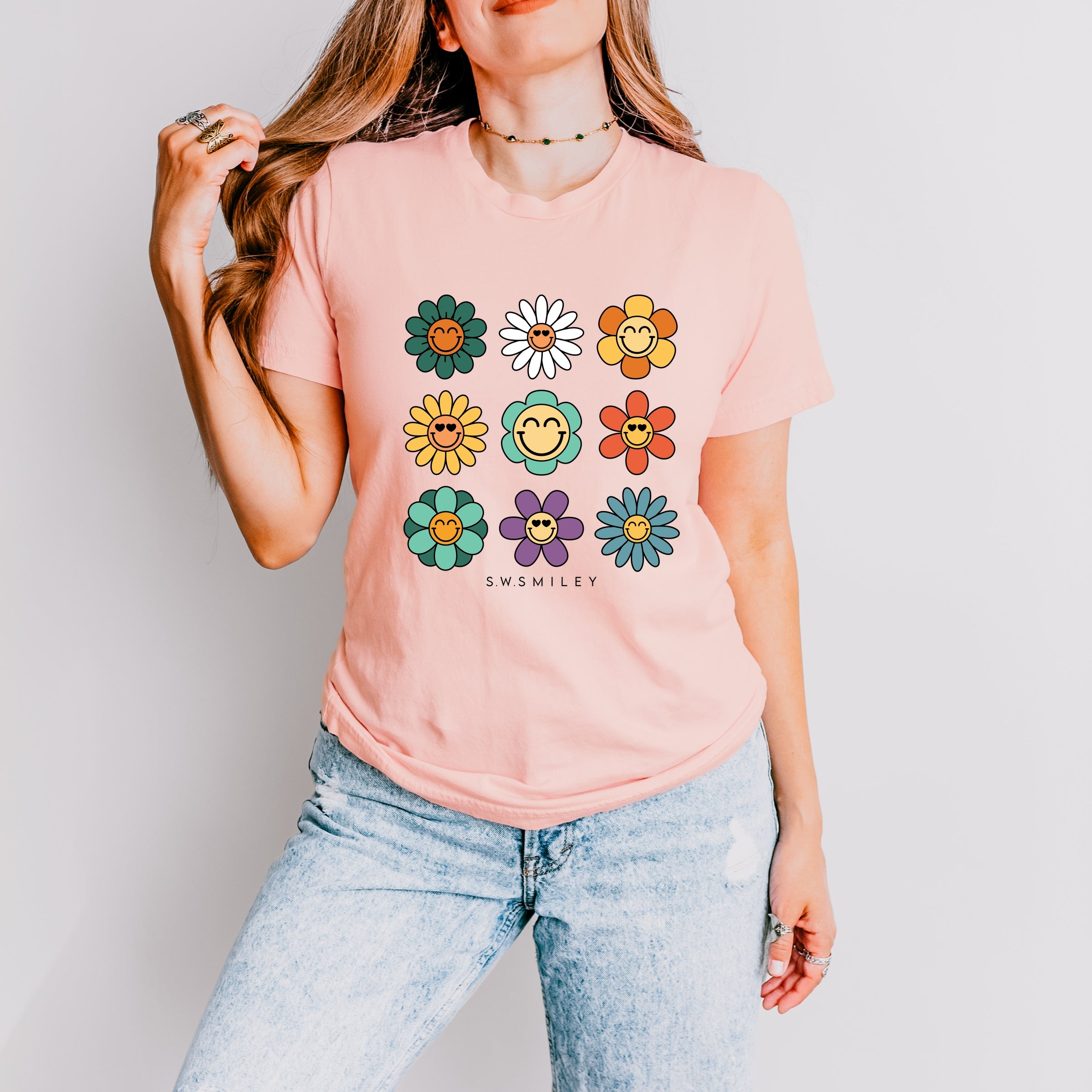 S.W.Smiley Flowers Stacked - Women's Short Sleeve Graphic T-Shirt