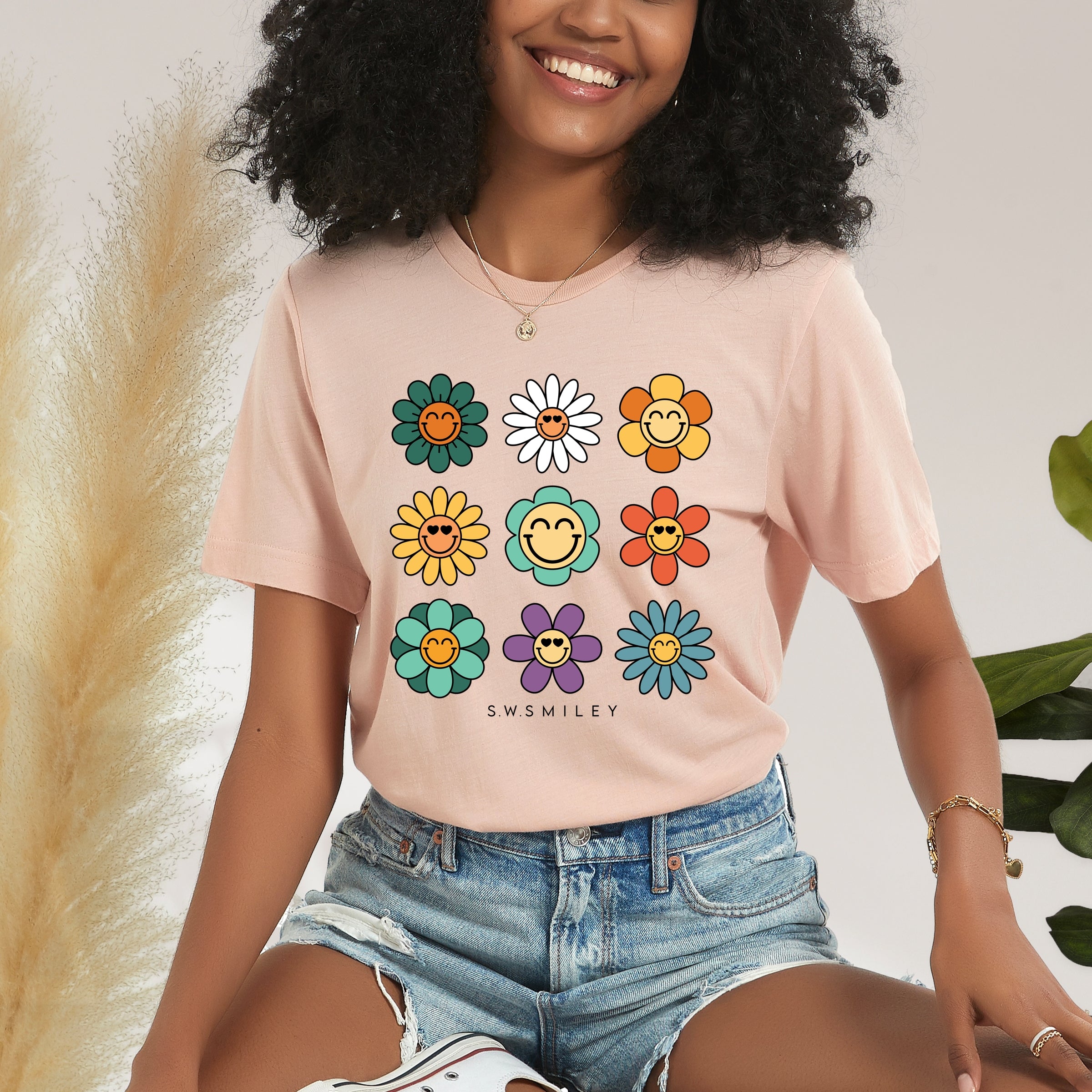 S.W.Smiley Flowers Stacked - Women's Short Sleeve Graphic T-Shirt