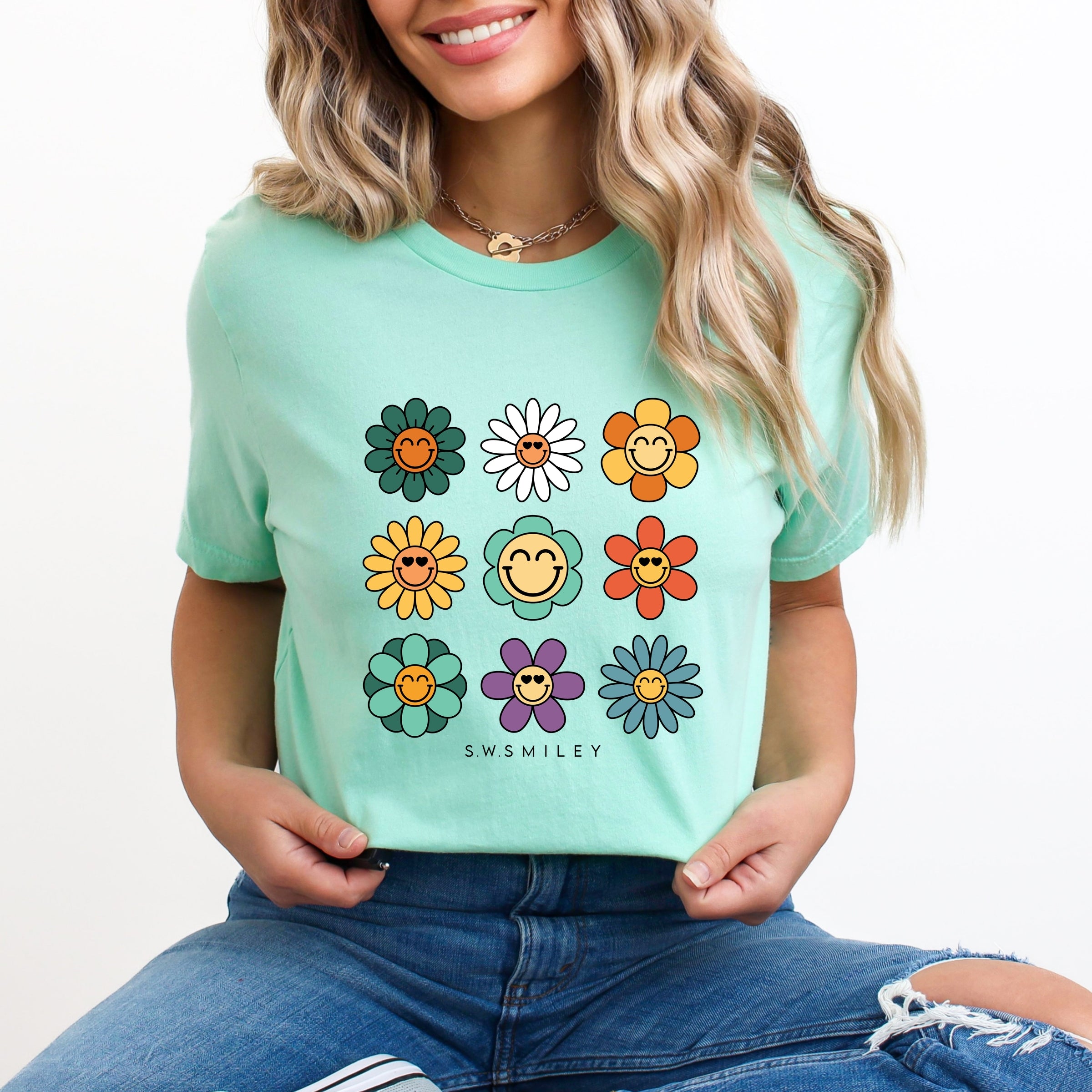 S.W.Smiley Flowers Stacked - Women's Short Sleeve Graphic T-Shirt