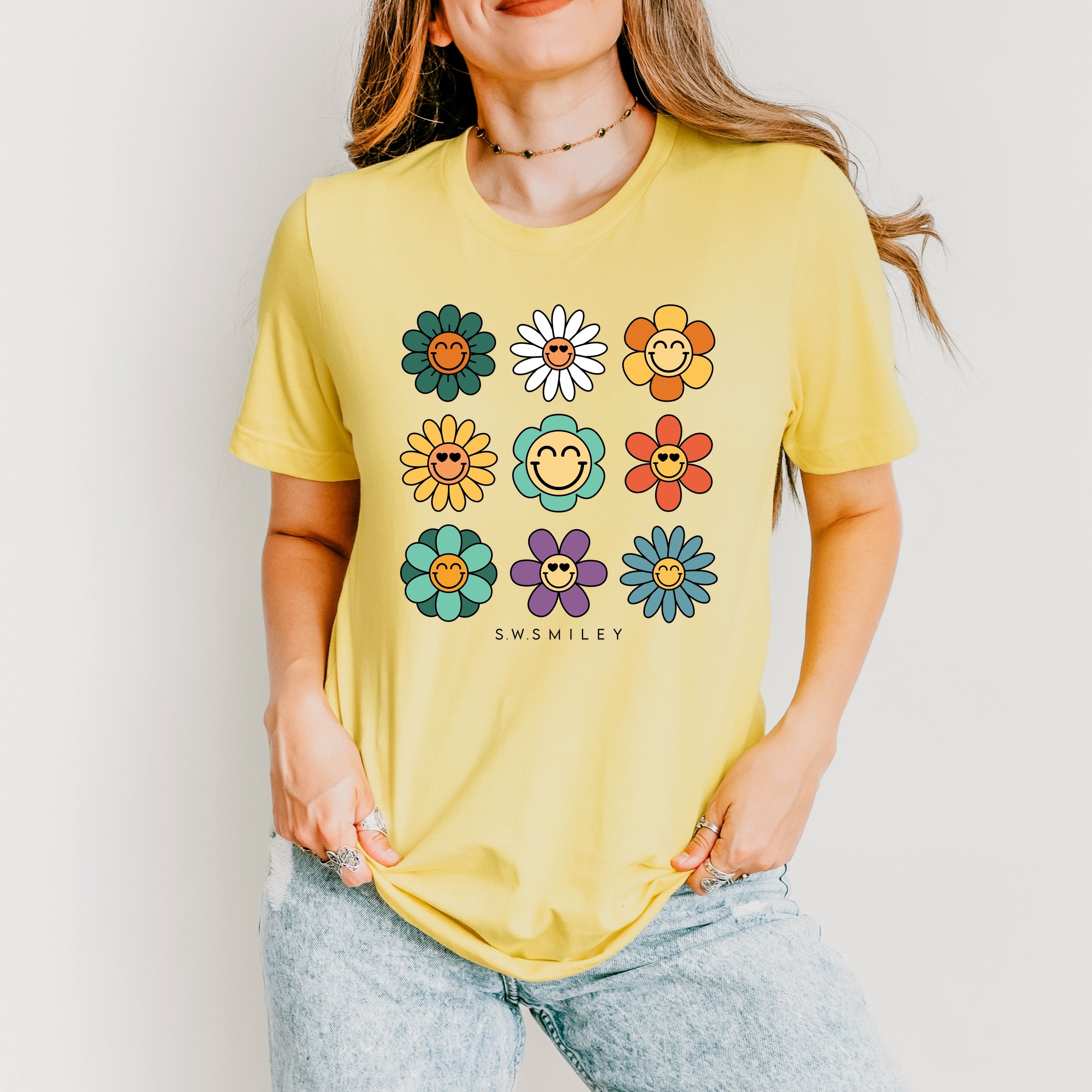 S.W.Smiley Flowers Stacked - Women's Short Sleeve Graphic T-Shirt