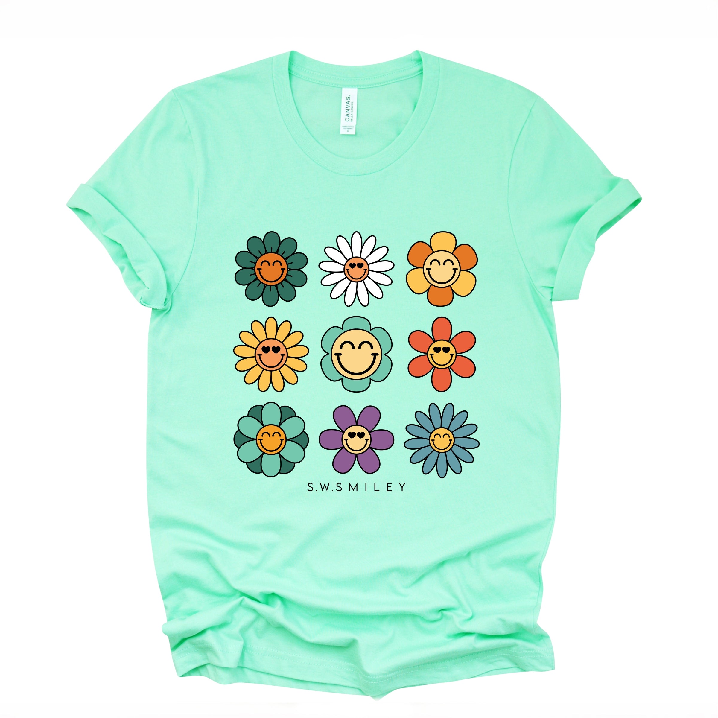 S.W.Smiley Flowers Stacked - Women's Short Sleeve Graphic T-Shirt