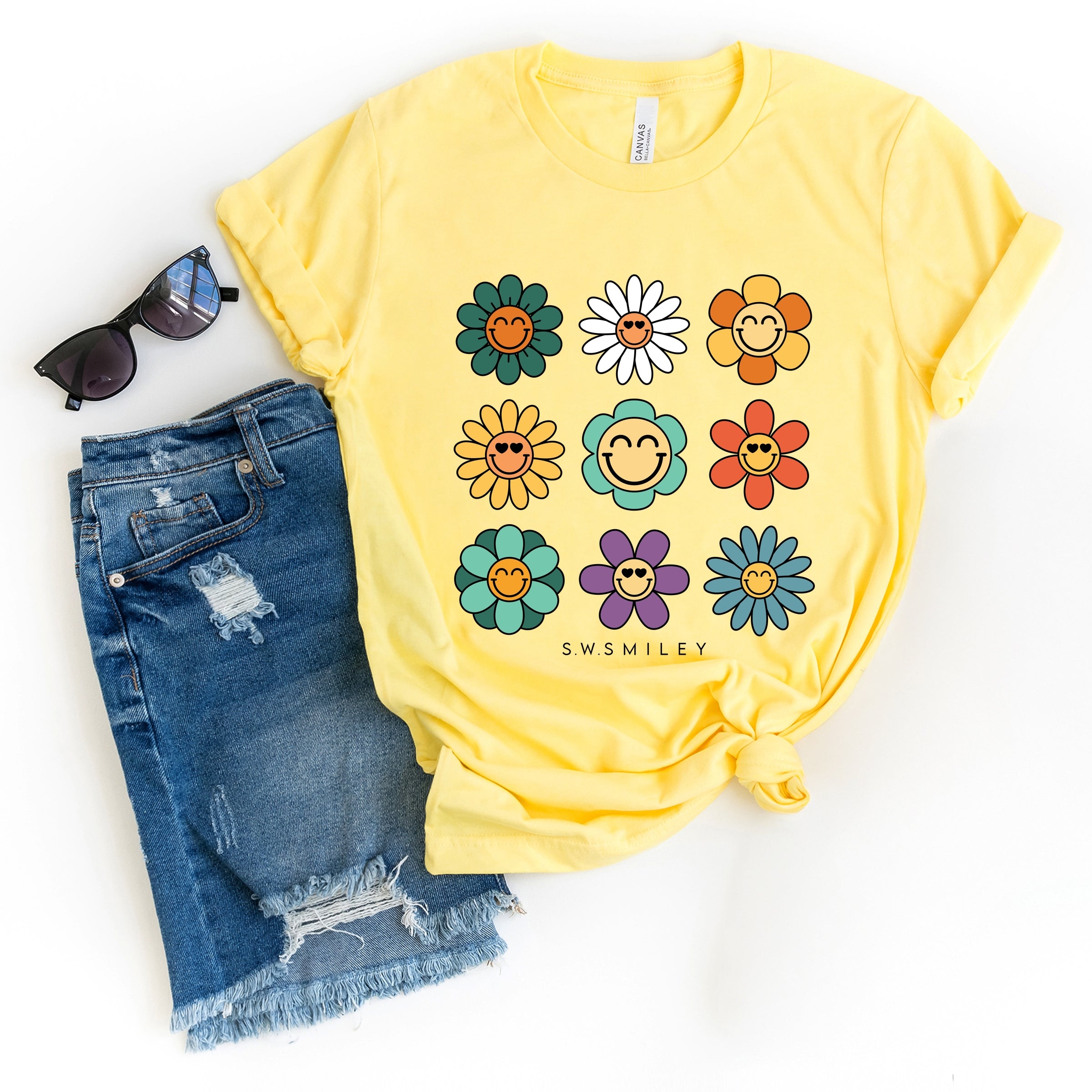 S.W.Smiley Flowers Stacked - Women's Short Sleeve Graphic T-Shirt