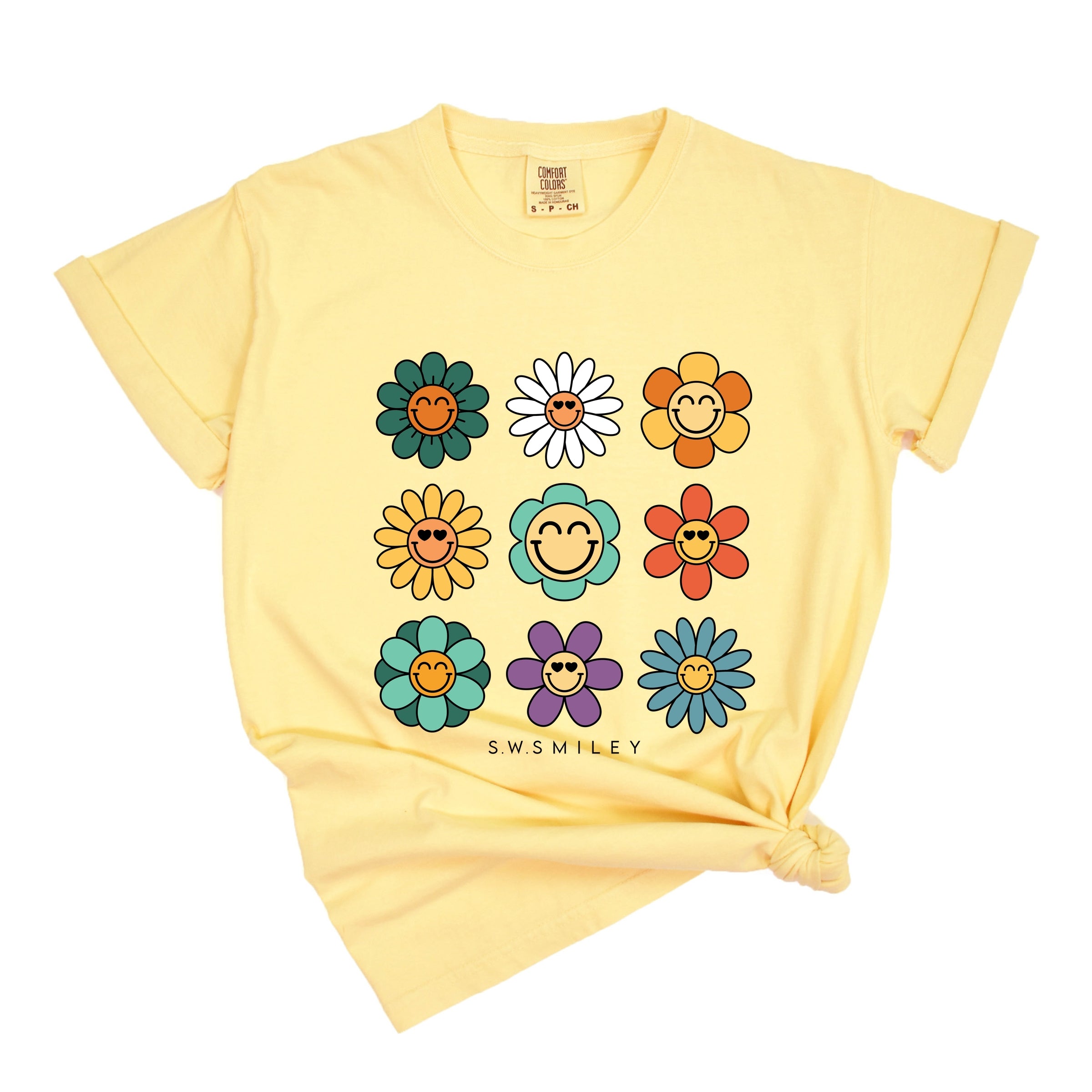 S.W.Smiley Flowers Stacked - Women's Garment Dyed Graphic T-Shirt