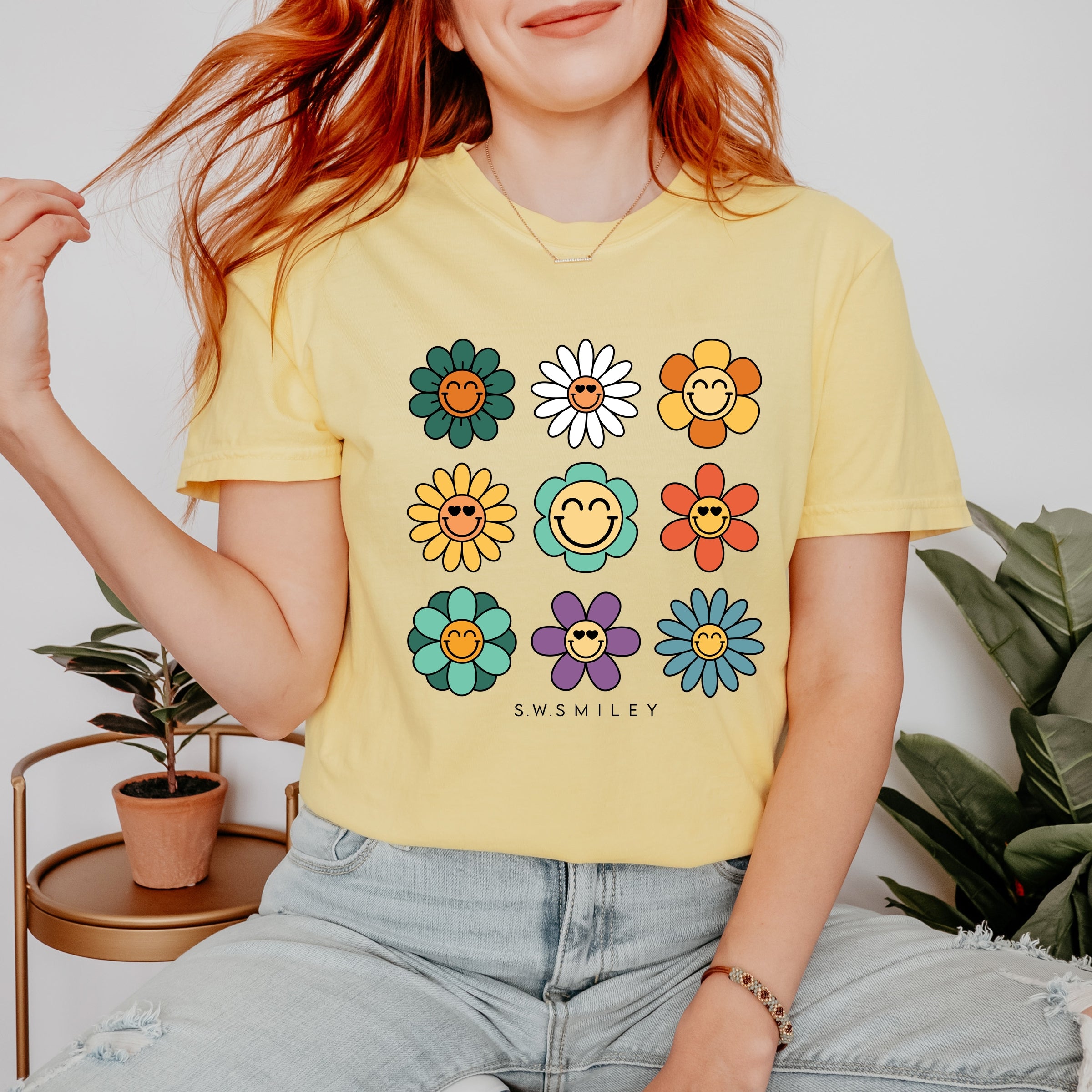 S.W.Smiley Flowers Stacked - Women's Garment Dyed Graphic T-Shirt