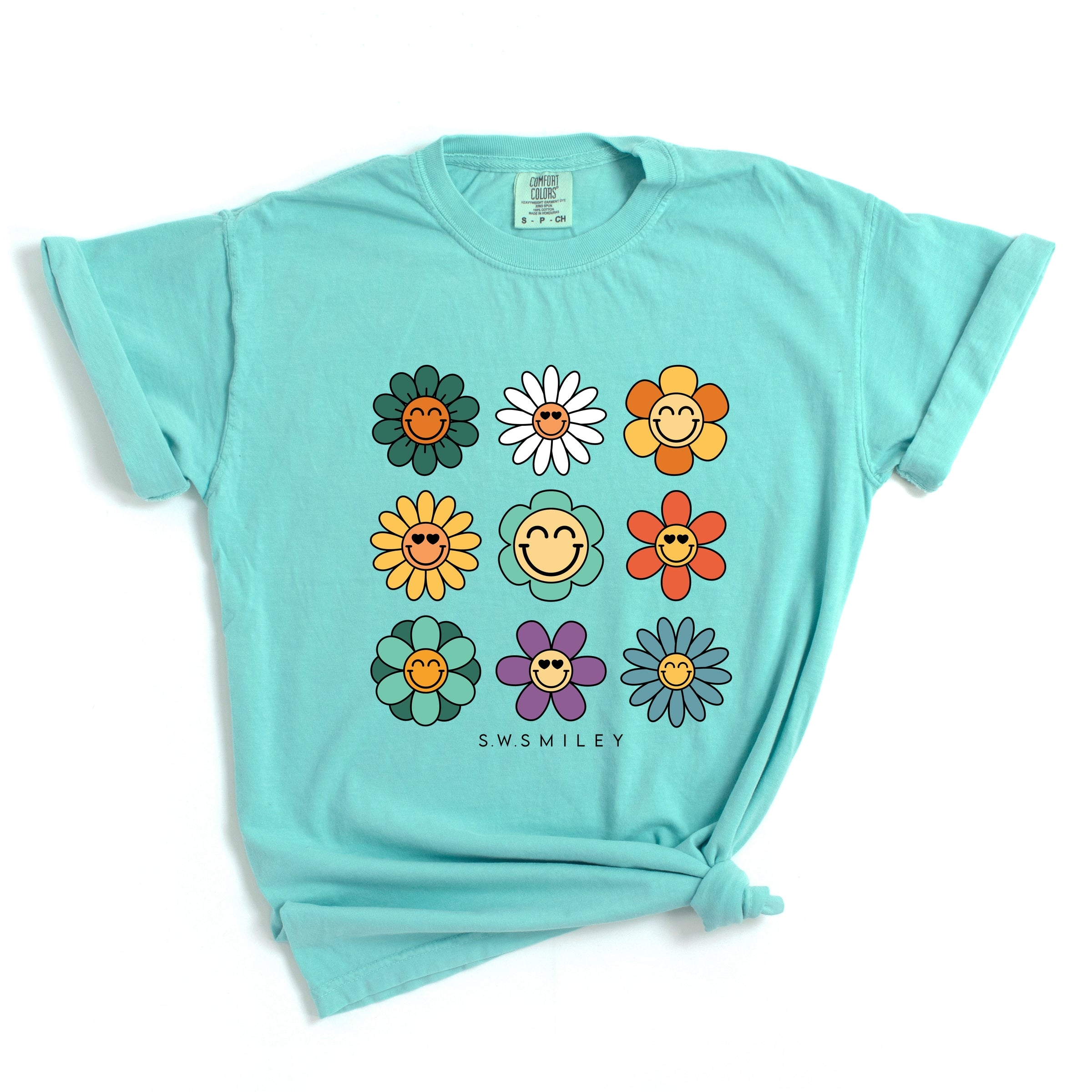 S.W.Smiley Flowers Stacked - Women's Garment Dyed Graphic T-Shirt