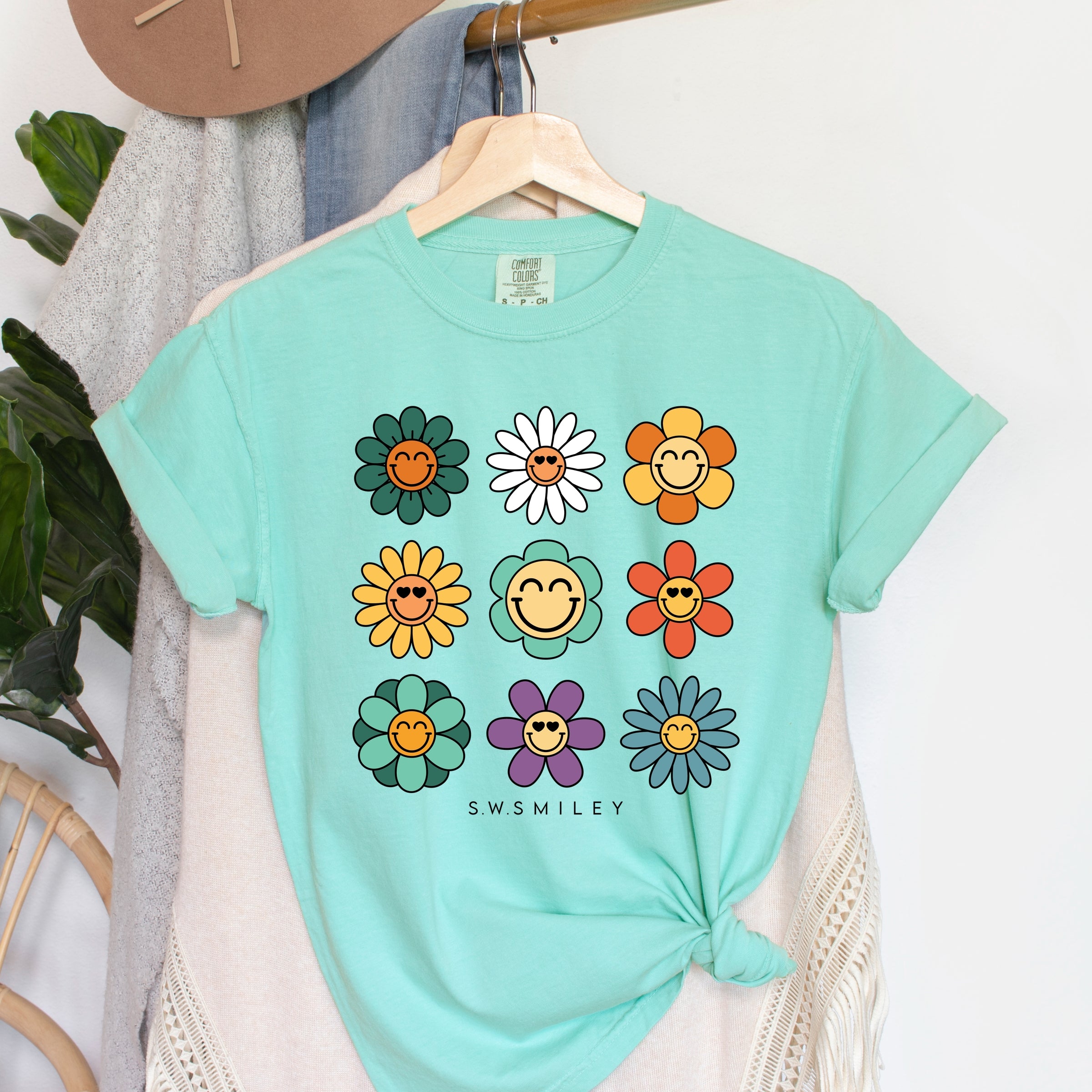 S.W.Smiley Flowers Stacked - Women's Garment Dyed Graphic T-Shirt