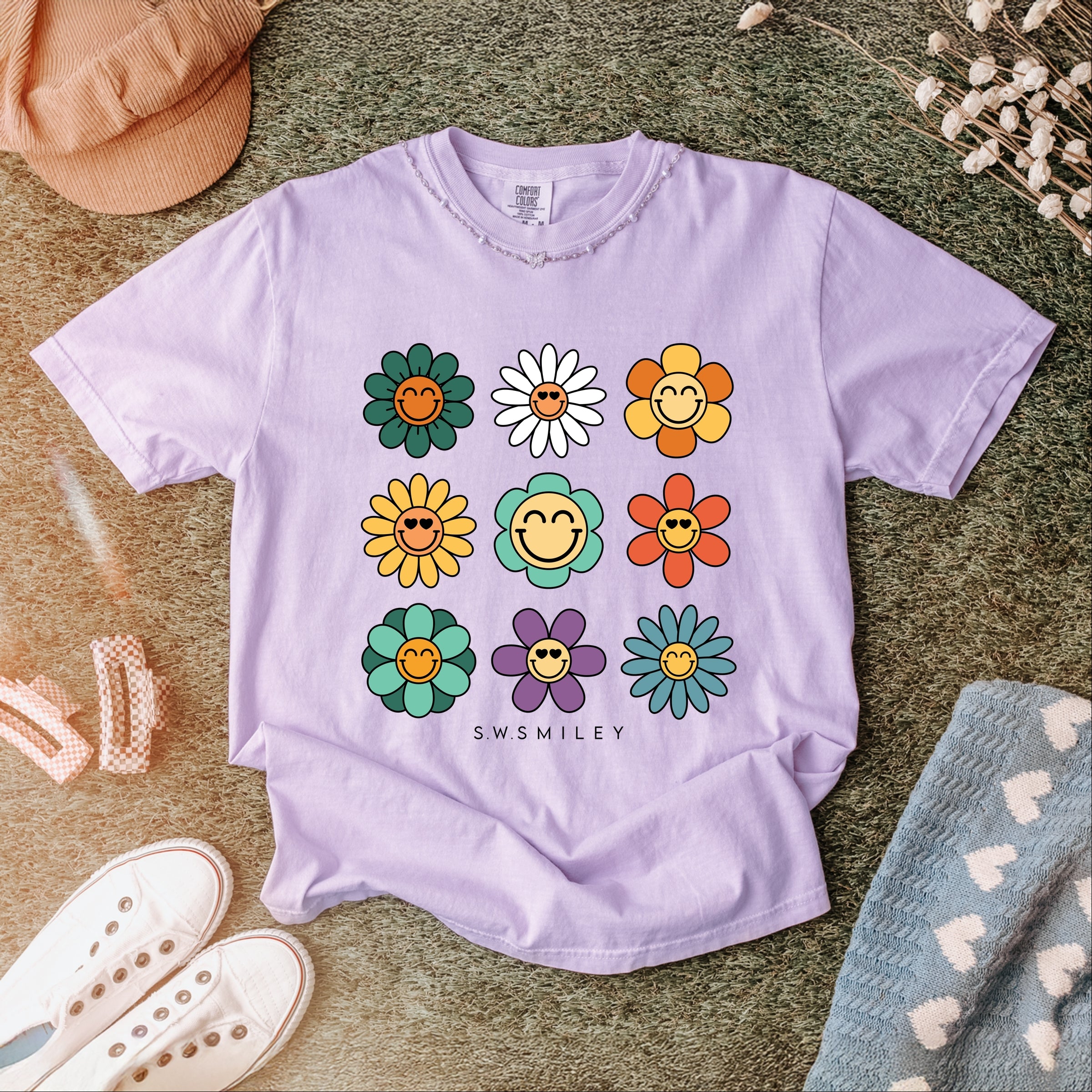 S.W.Smiley Flowers Stacked - Women's Garment Dyed Graphic T-Shirt