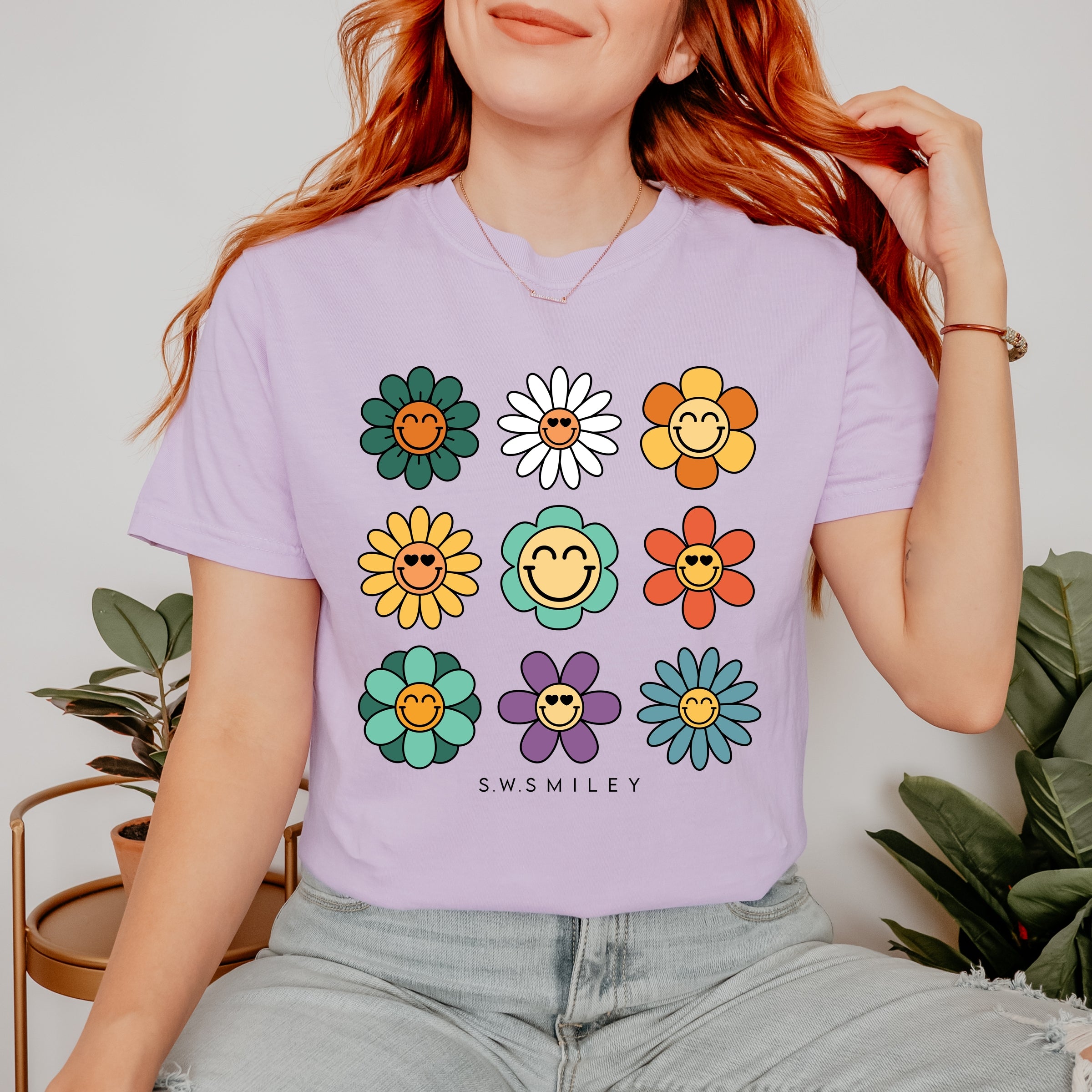 S.W.Smiley Flowers Stacked - Women's Garment Dyed Graphic T-Shirt