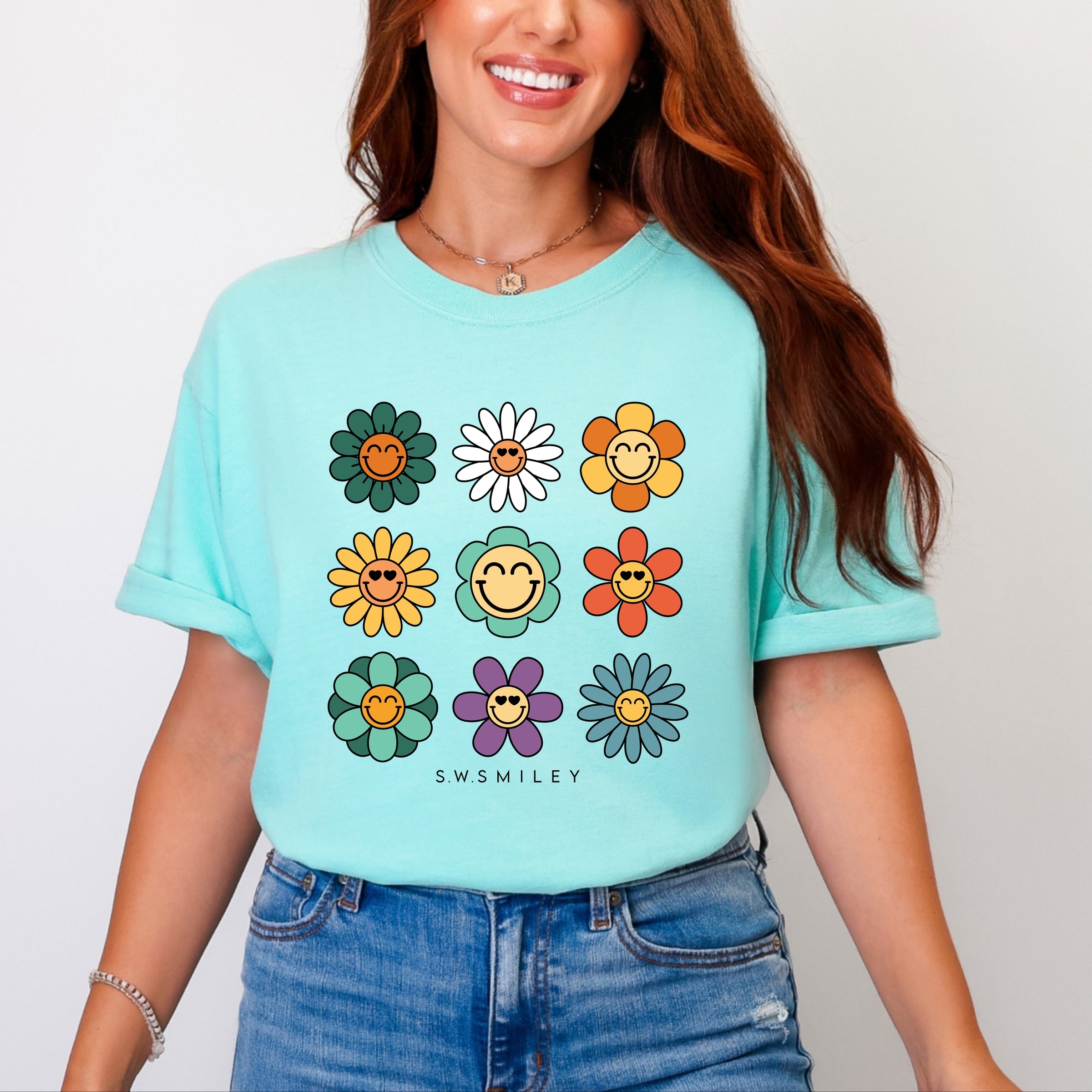 S.W.Smiley Flowers Stacked - Women's Garment Dyed Graphic T-Shirt