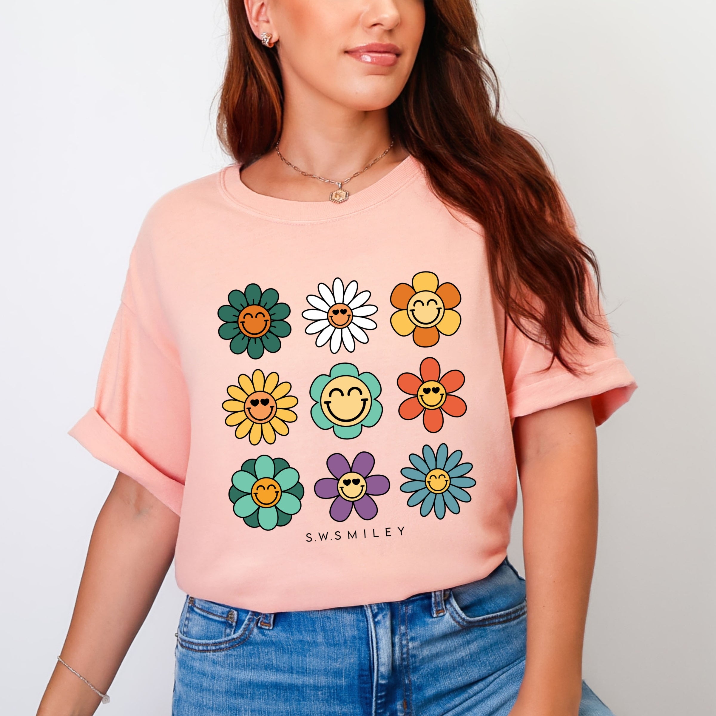 S.W.Smiley Flowers Stacked - Women's Garment Dyed Graphic T-Shirt