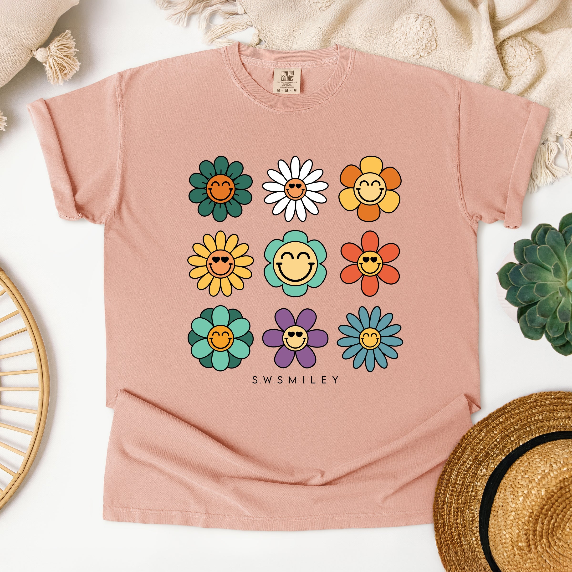 S.W.Smiley Flowers Stacked - Women's Garment Dyed Graphic T-Shirt