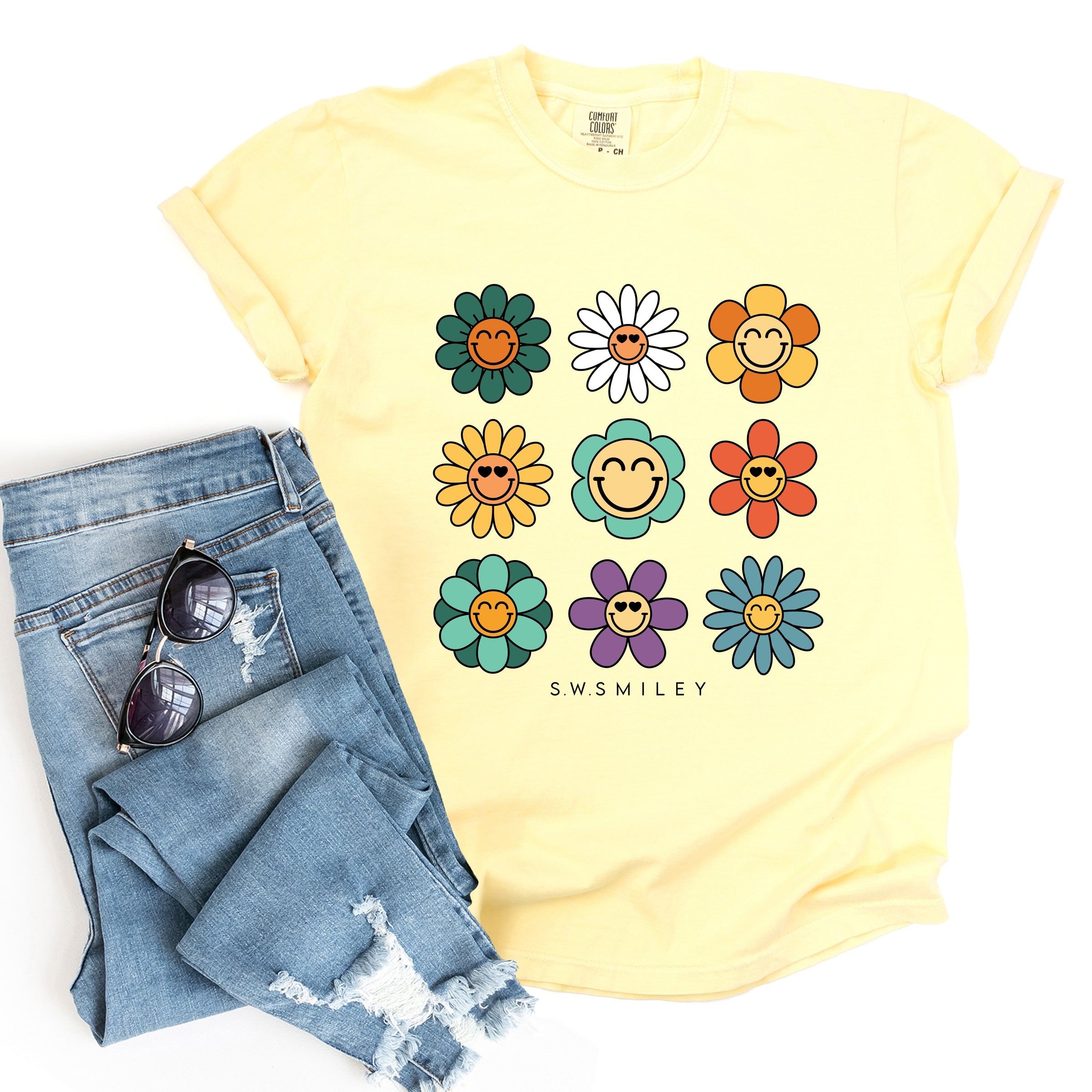 S.W.Smiley Flowers Stacked - Women's Garment Dyed Graphic T-Shirt