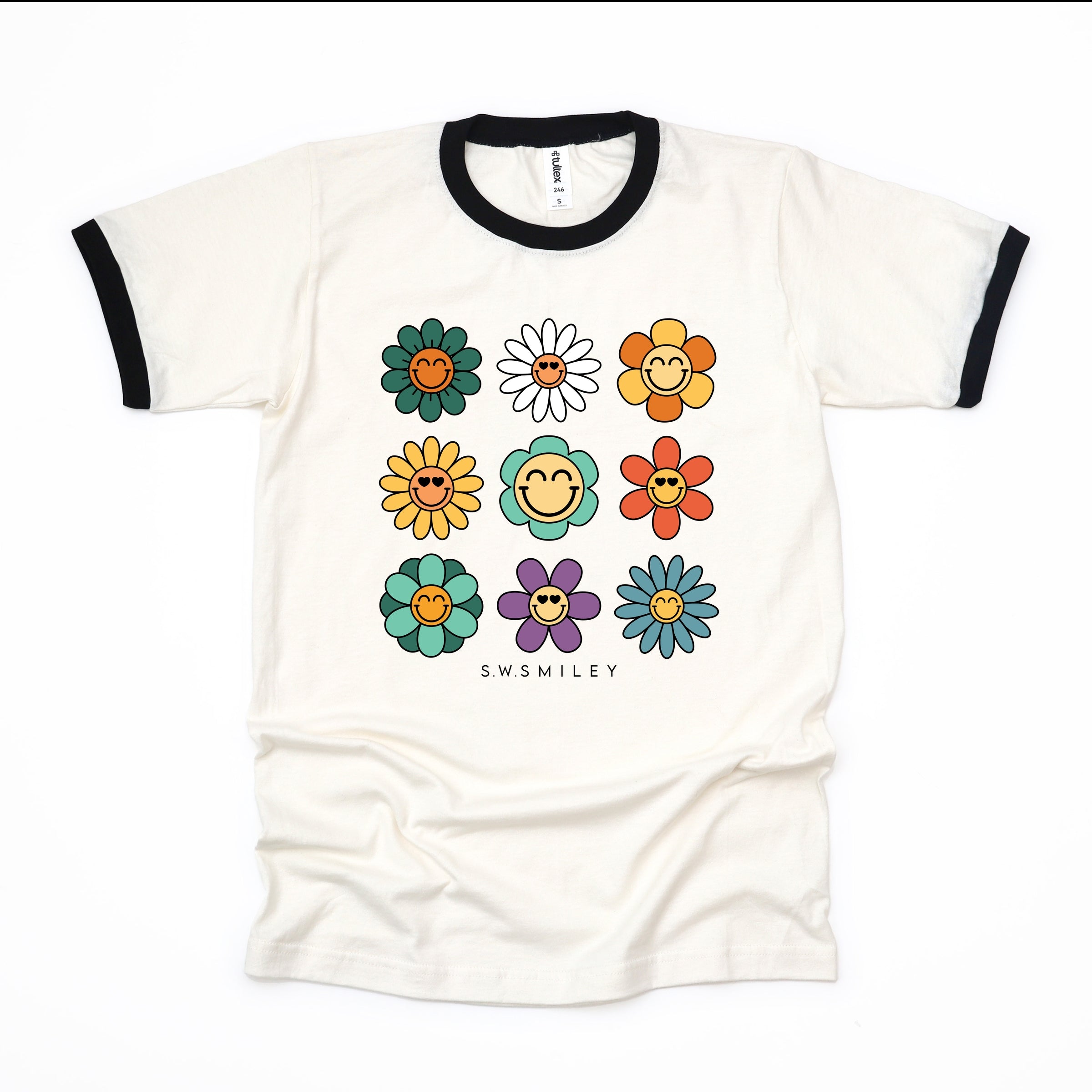 S.W.Smiley Flowers Stacked - Women's Ringer Graphic T-Shirt