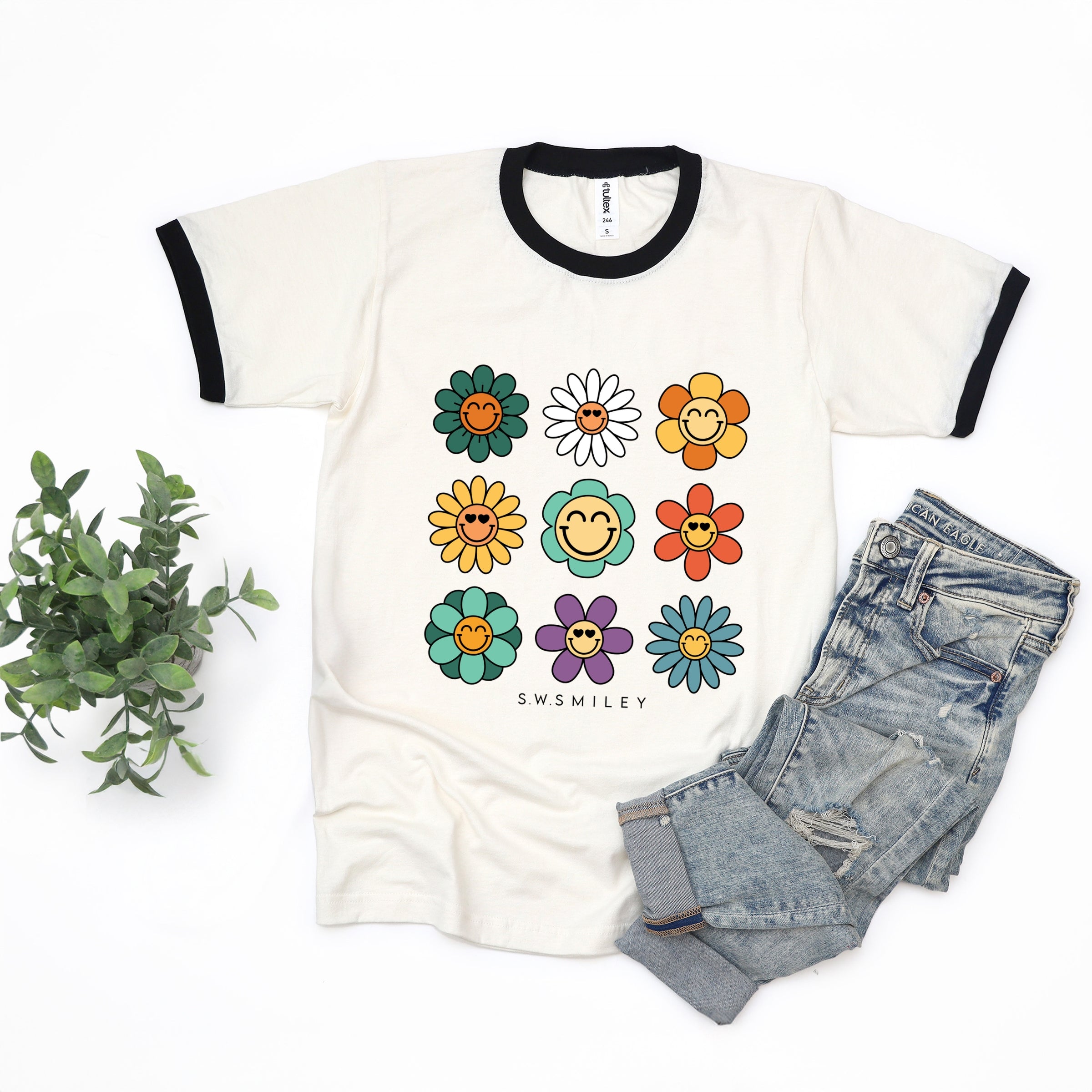 S.W.Smiley Flowers Stacked - Women's Ringer Graphic T-Shirt