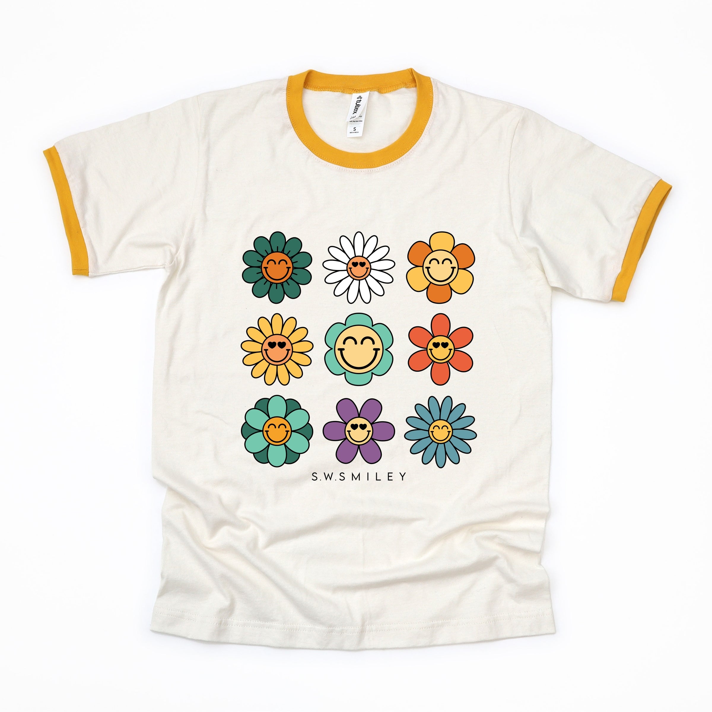 S.W.Smiley Flowers Stacked - Women's Ringer Graphic T-Shirt