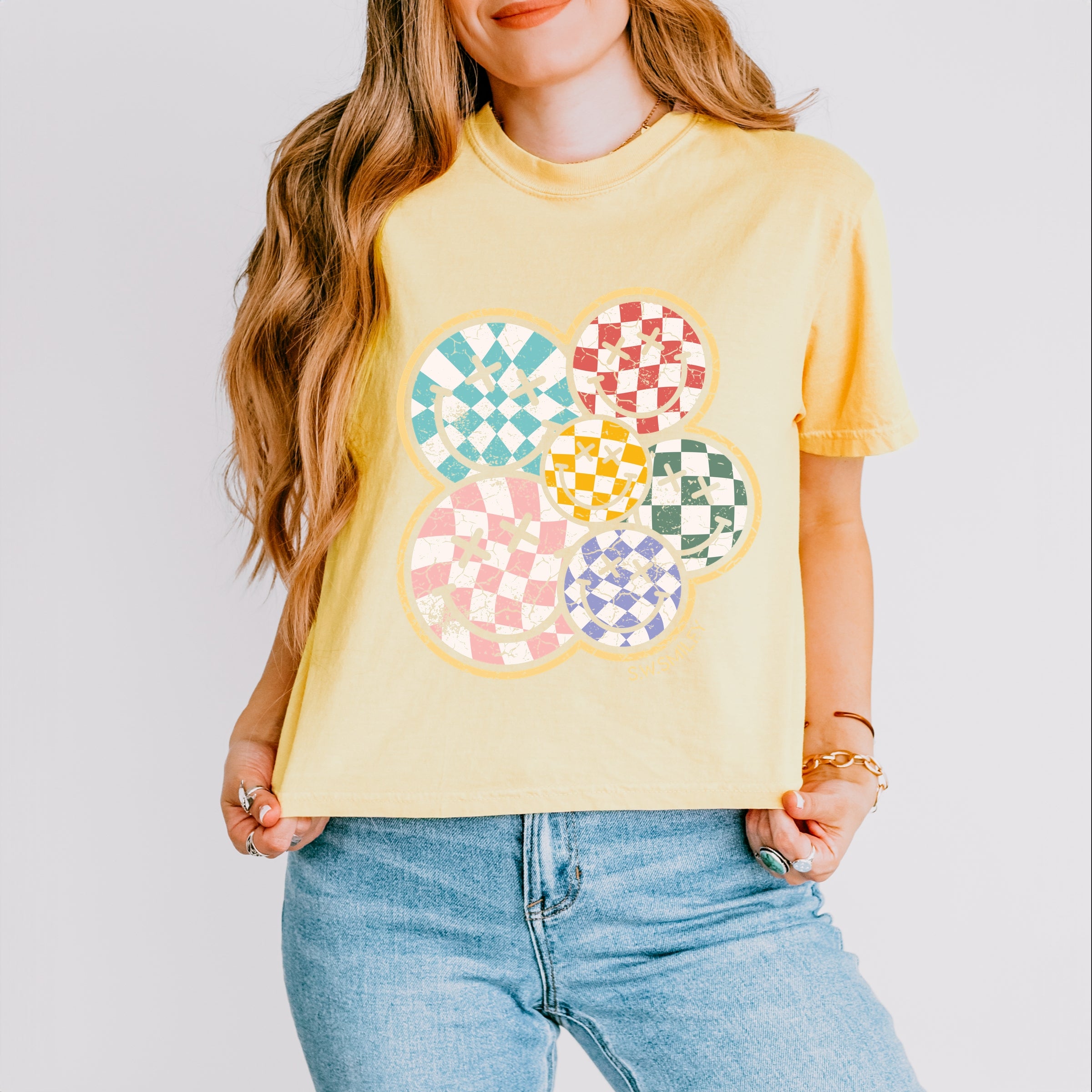 S.W.Smiley Rainbow Checkered - Womens Boxy Crop Top