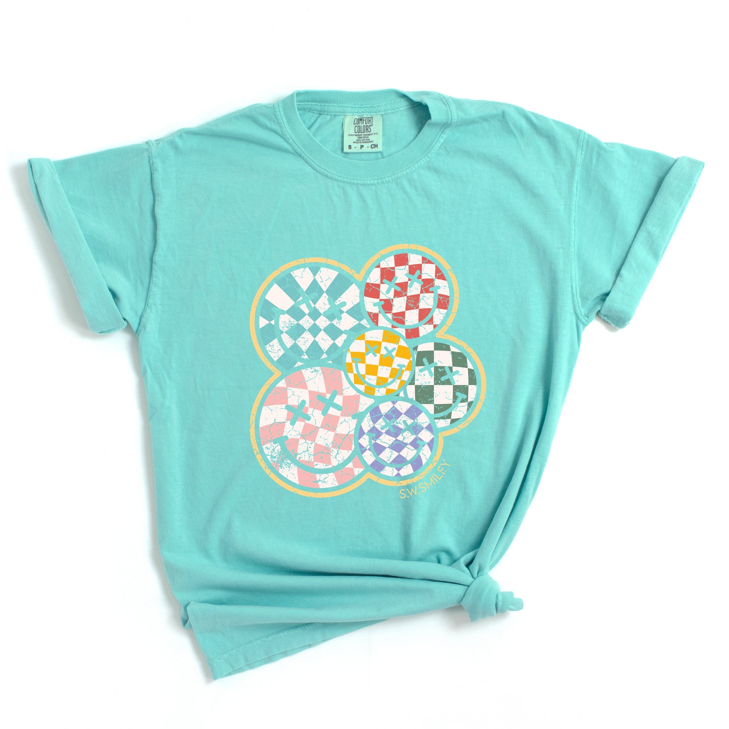 S.W.Smiley Rainbow Checkered - Womens Garment Dyed Tee
