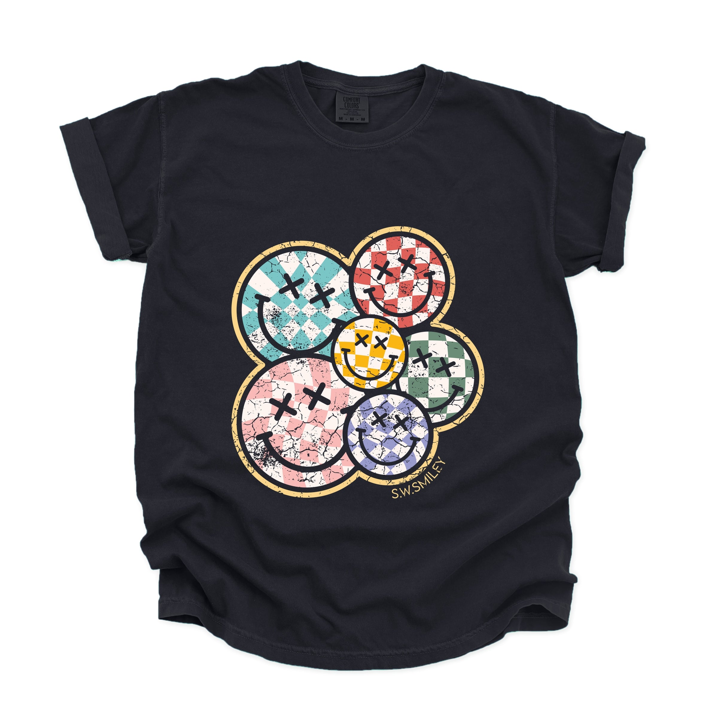 S.W.Smiley Rainbow Checkered - Womens Garment Dyed Tee