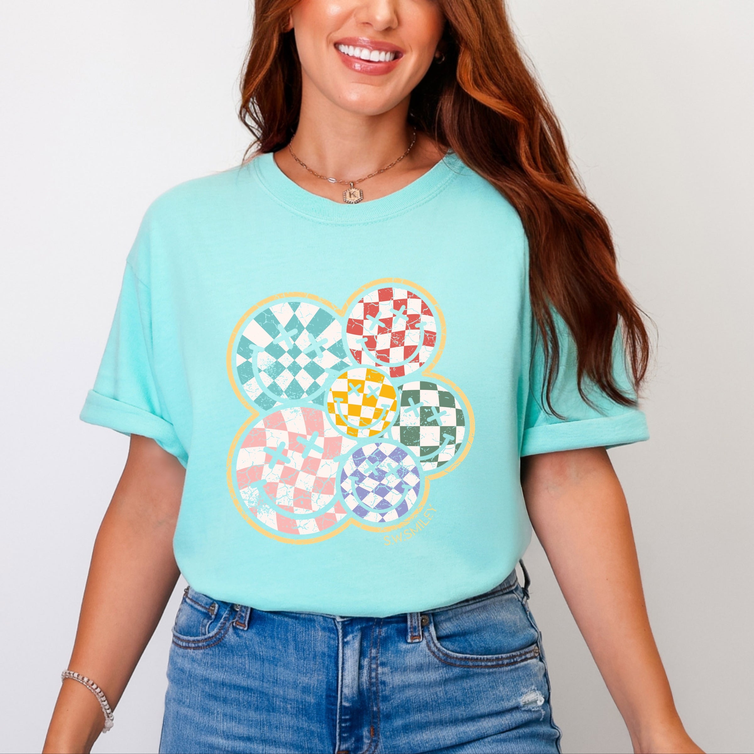 S.W.Smiley Rainbow Checkered - Womens Garment Dyed Tee