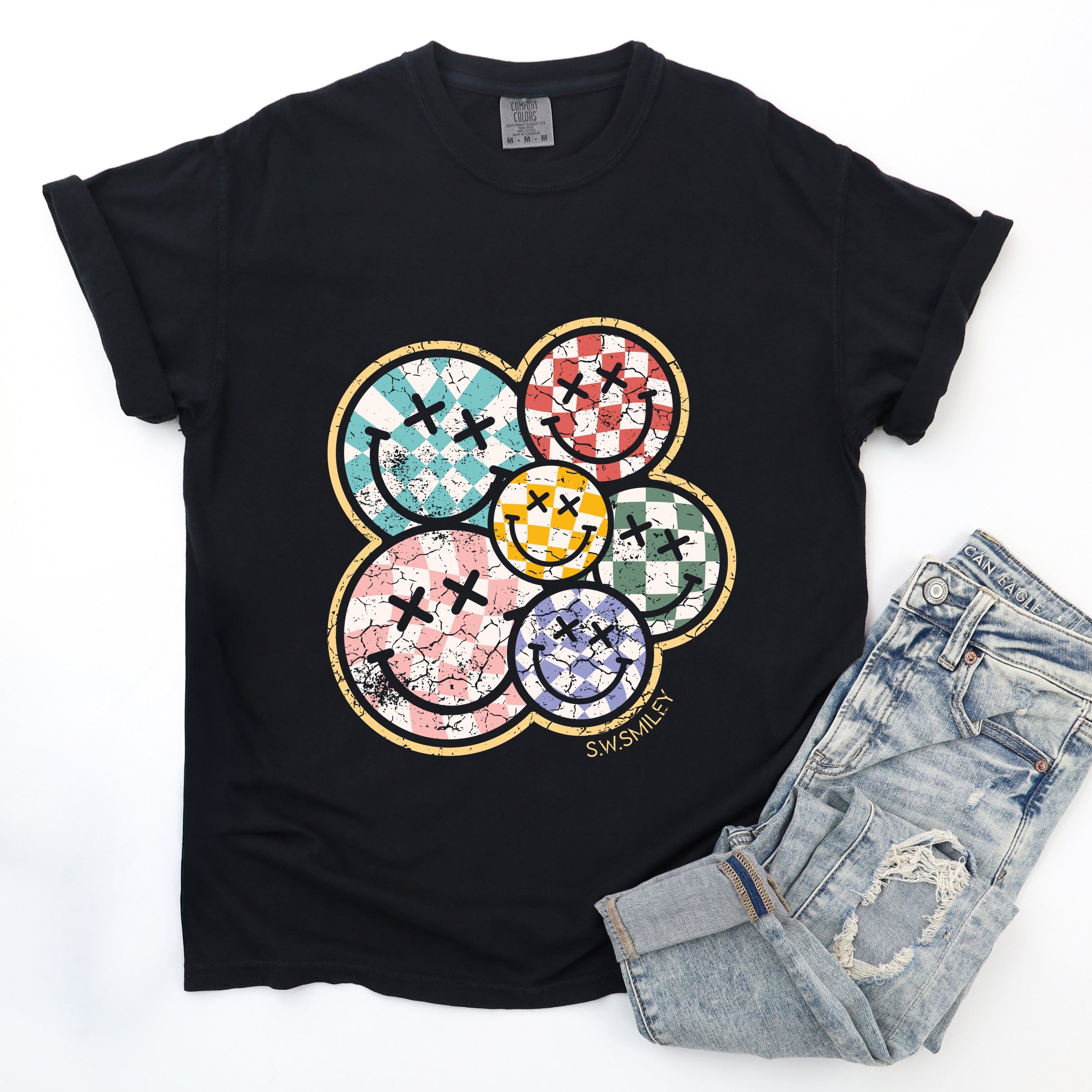 S.W.Smiley Rainbow Checkered - Womens Garment Dyed Tee