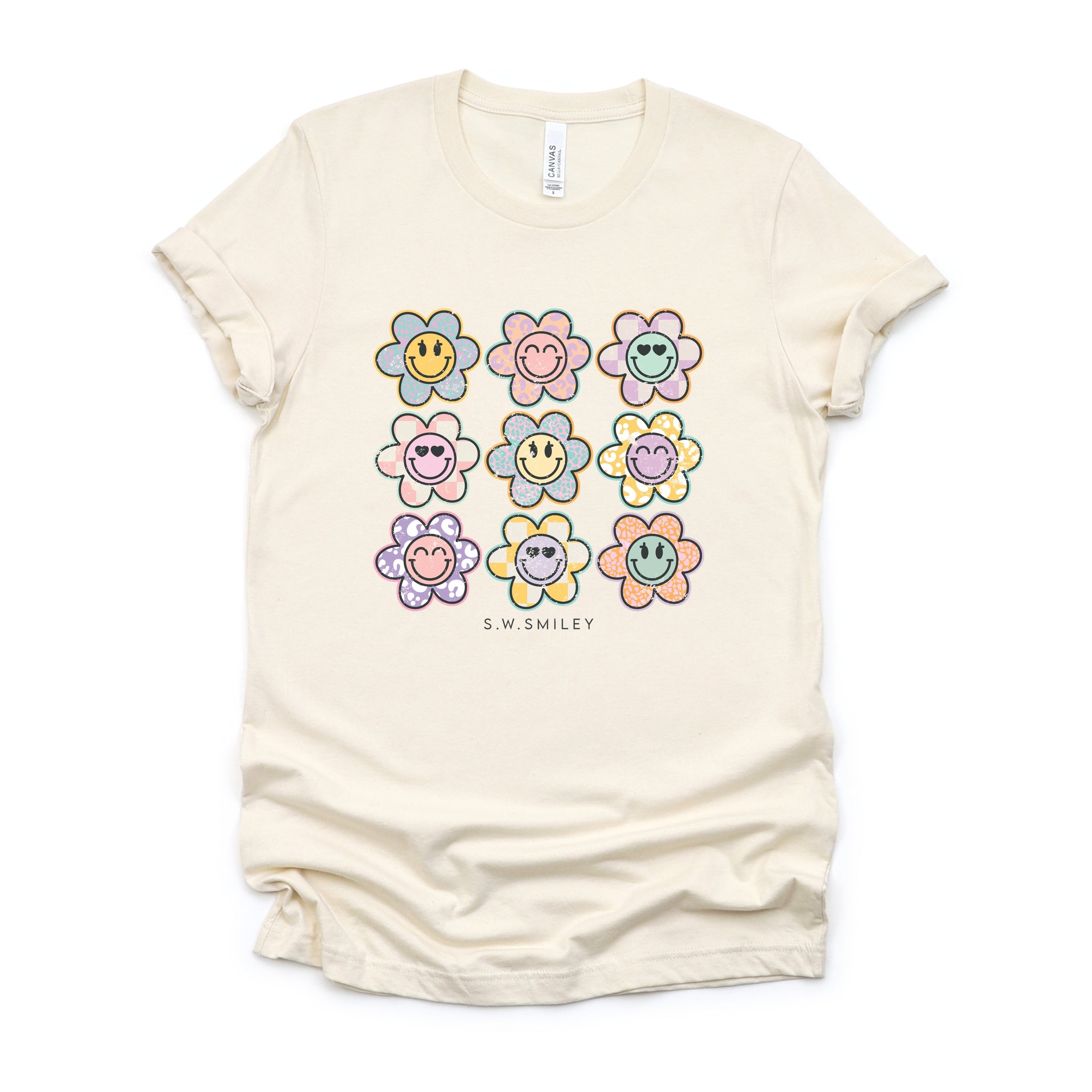 S.W.Smiley Flowers Checkered - Women's Short Sleeve Graphic T-Shirt