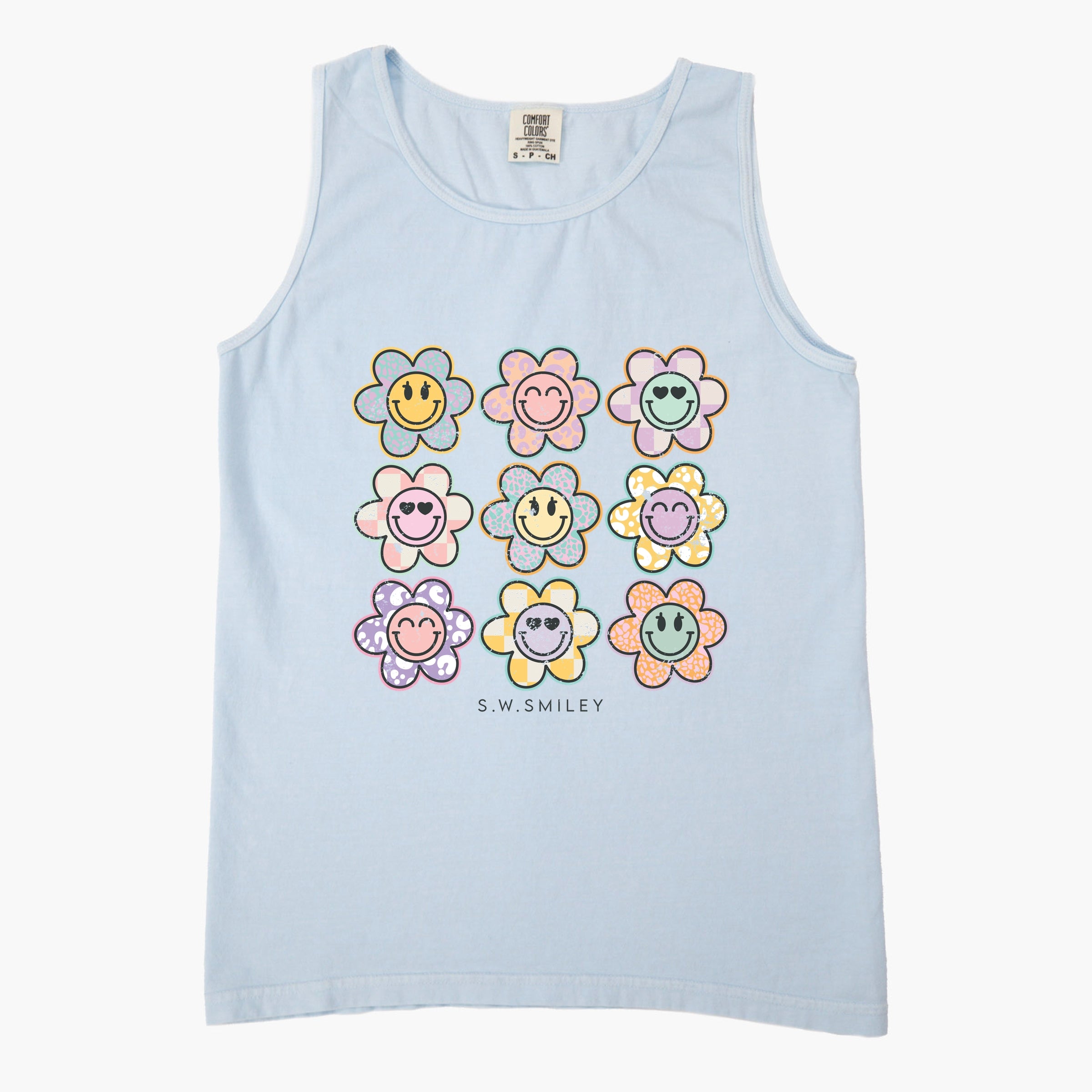S.W.Smiley Flowers Checkered - Women's Garment Dyed Graphic Tank Top