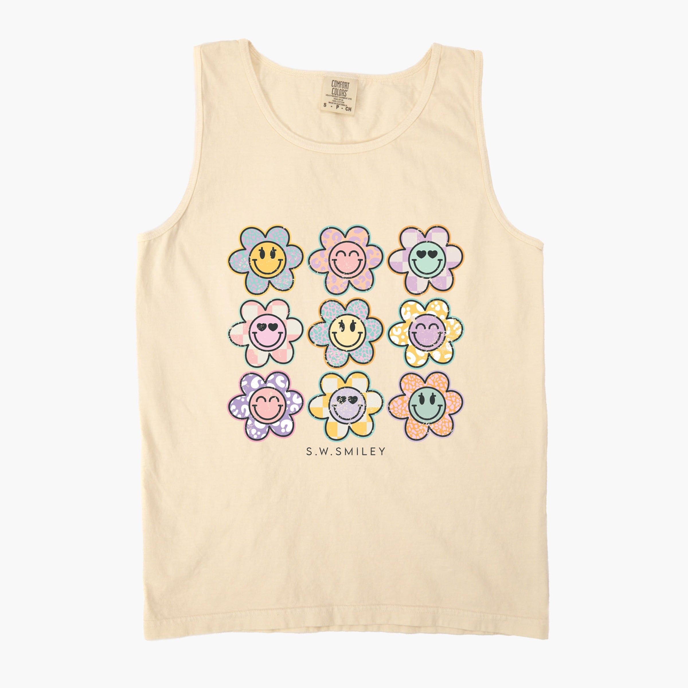 S.W.Smiley Flowers Checkered - Women's Garment Dyed Graphic Tank Top