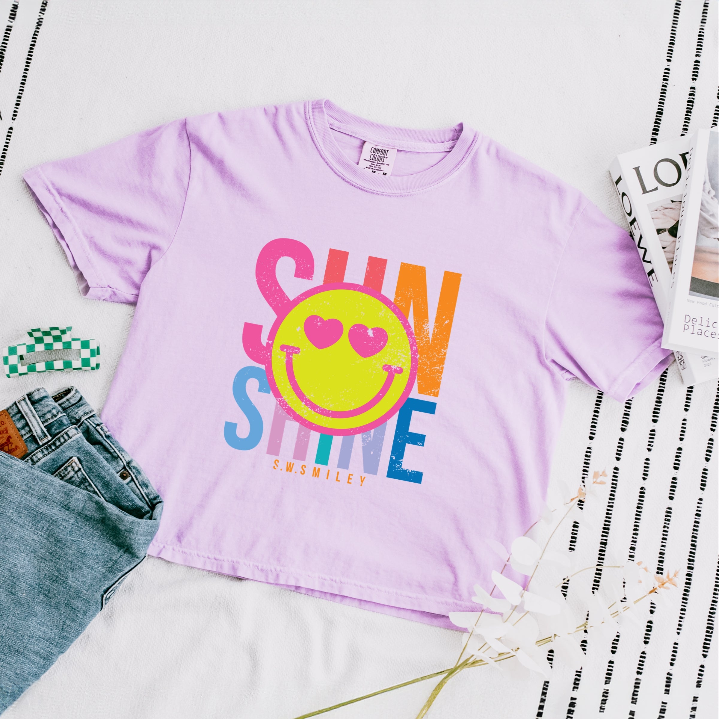S.W.Smiley Sunshine Neon - Women's Boxy Crop Top Graphic T-Shirt