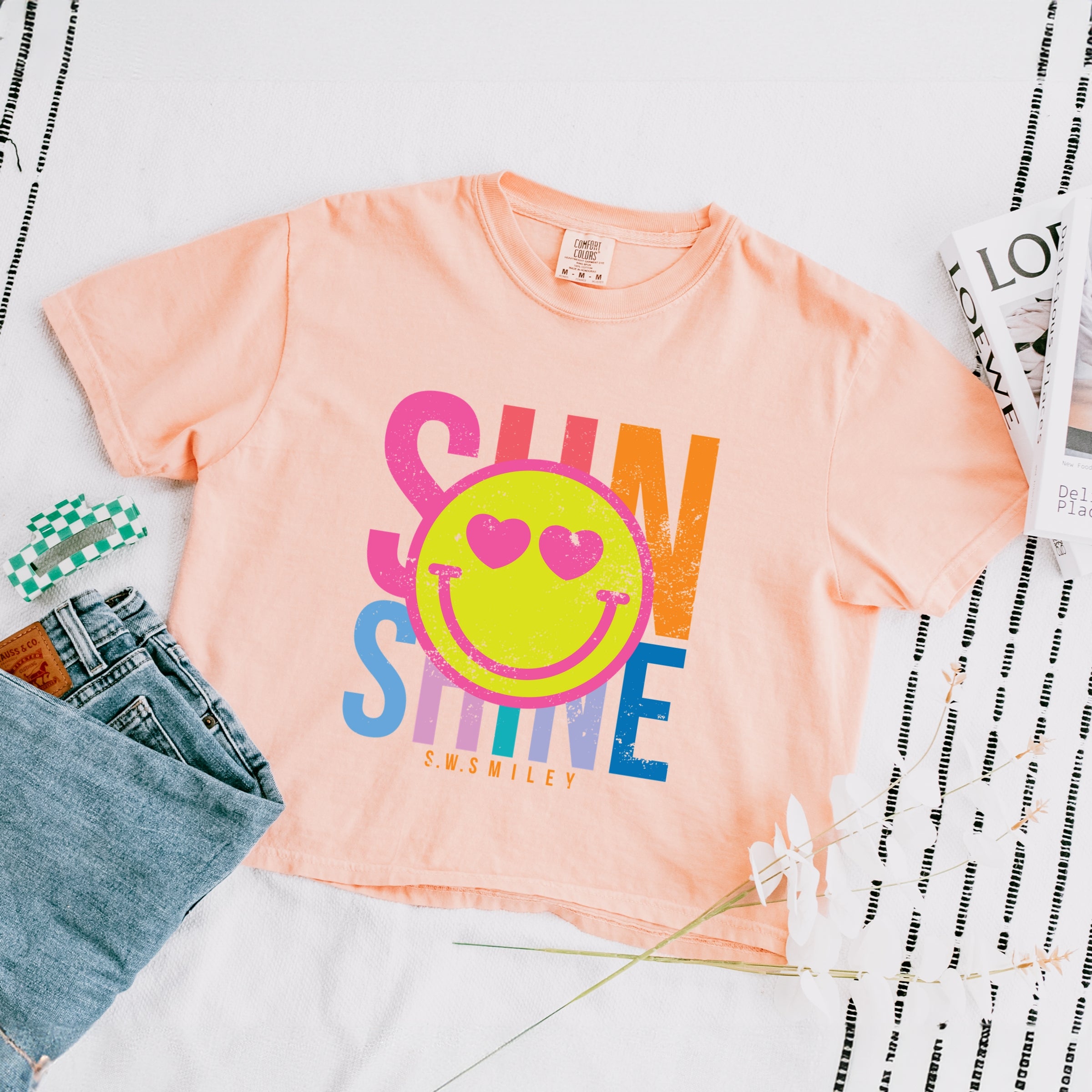 S.W.Smiley Sunshine Neon - Women's Boxy Crop Top Graphic T-Shirt