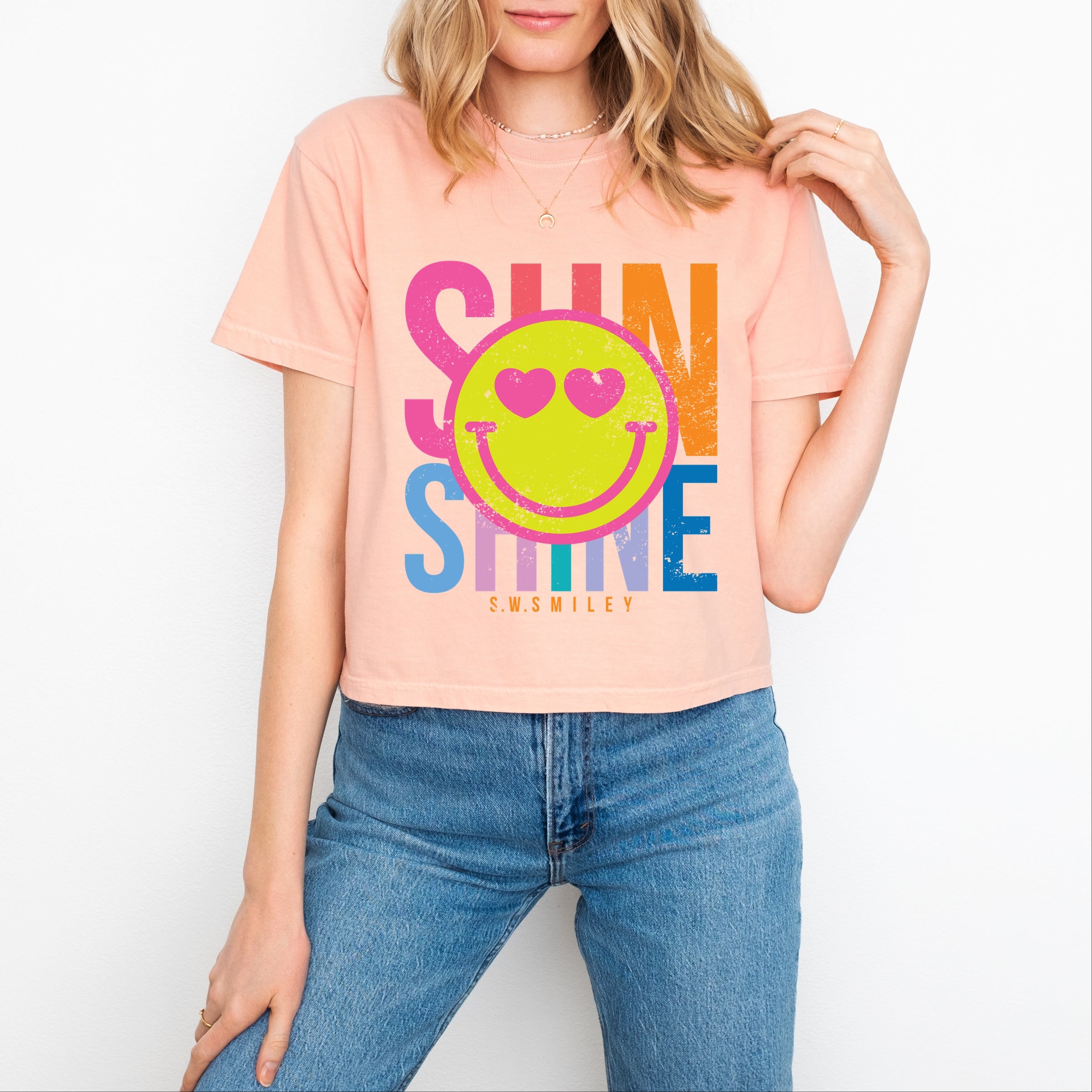 S.W.Smiley Sunshine Neon - Women's Boxy Crop Top Graphic T-Shirt