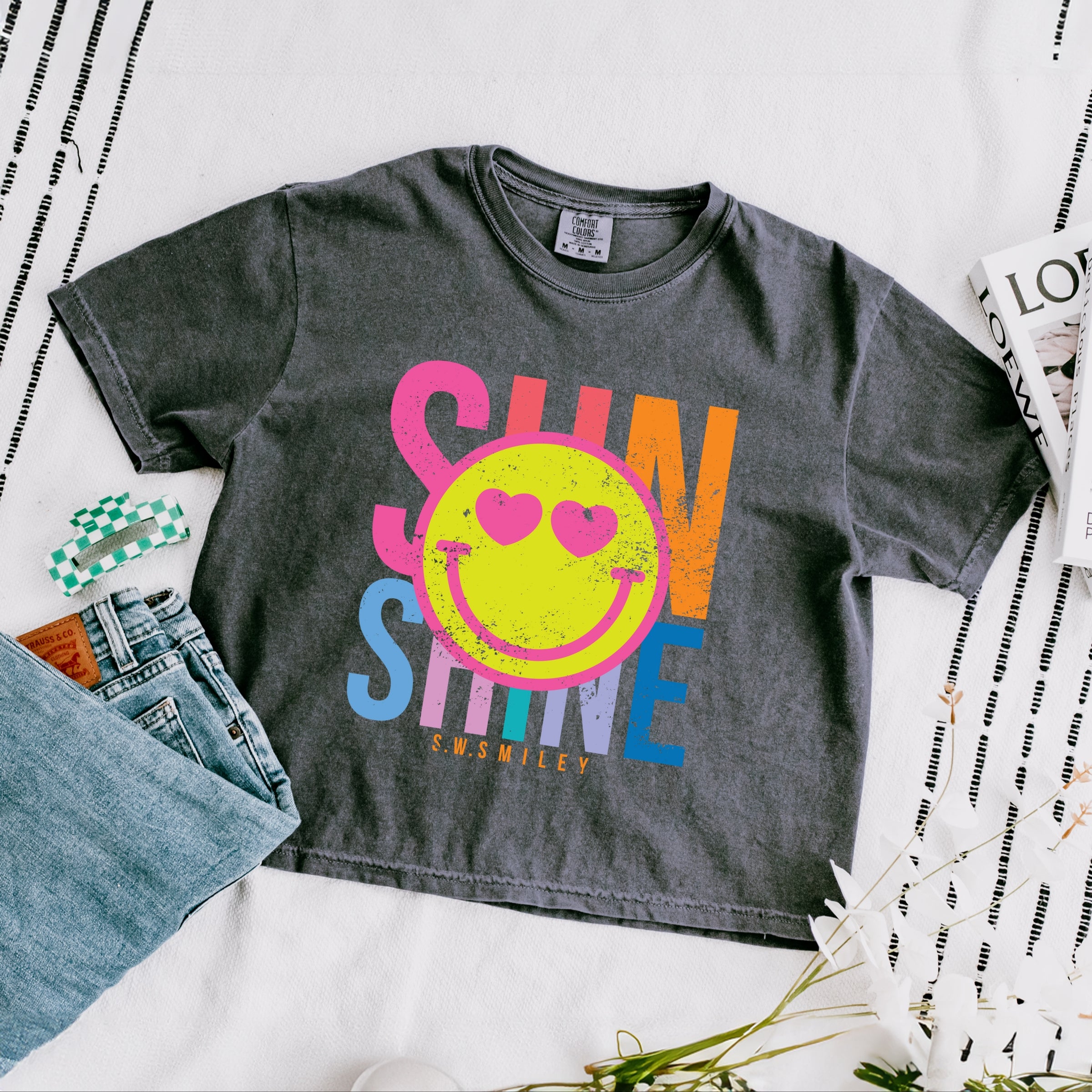 S.W.Smiley Sunshine Neon - Women's Boxy Crop Top Graphic T-Shirt
