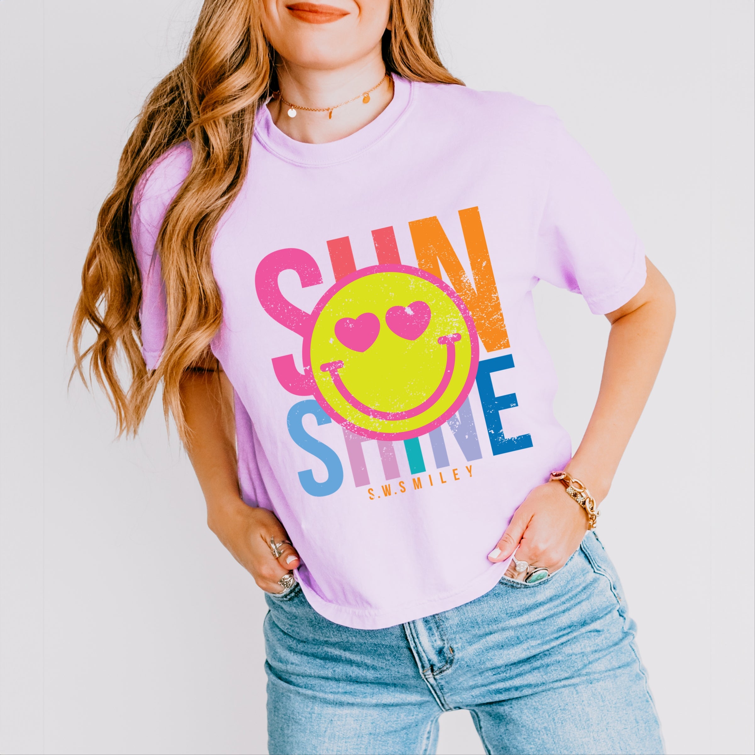S.W.Smiley Sunshine Neon - Women's Boxy Crop Top Graphic T-Shirt