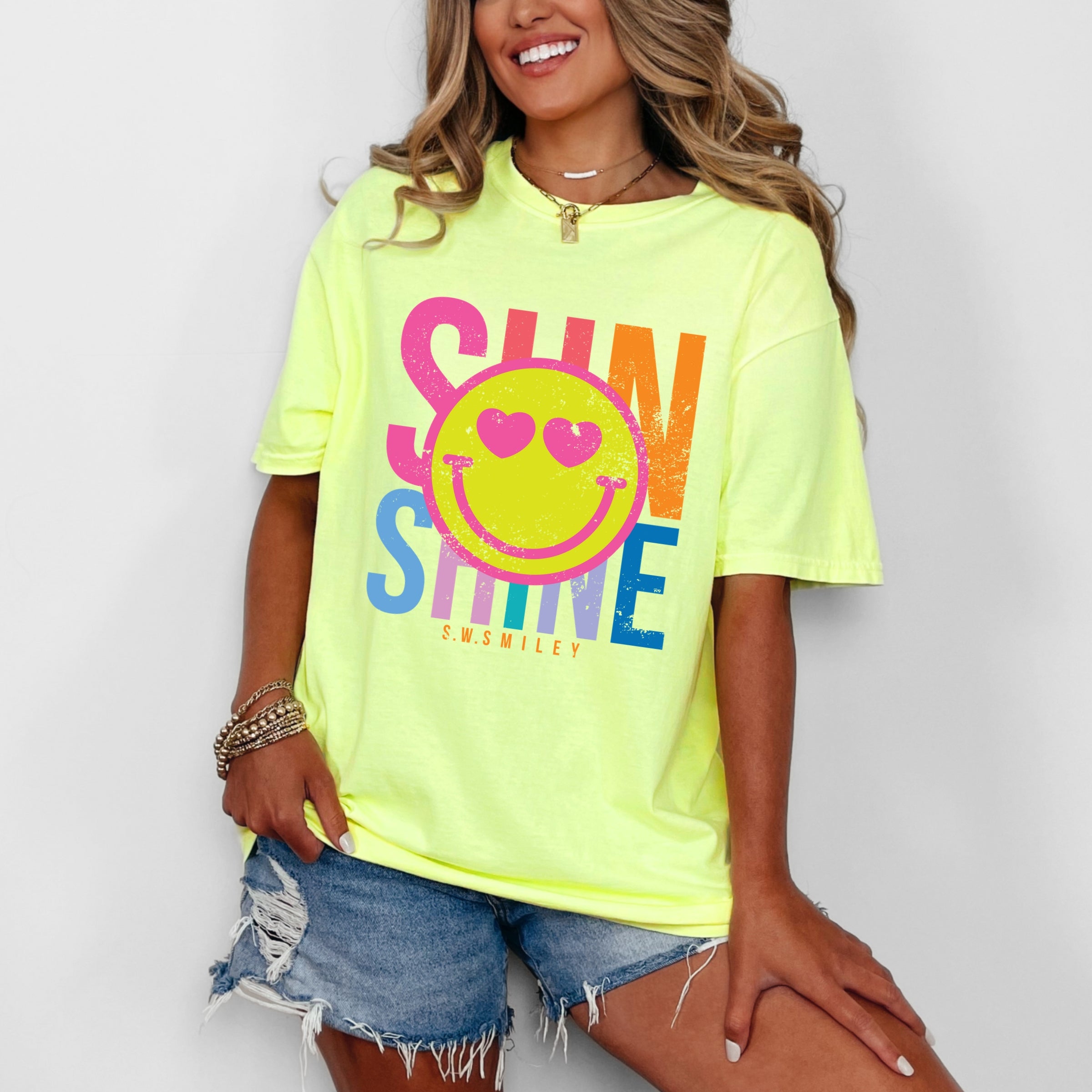 S.W.Smiley Sunshine Neon - Women's Garment Dyed Graphic T-Shirt