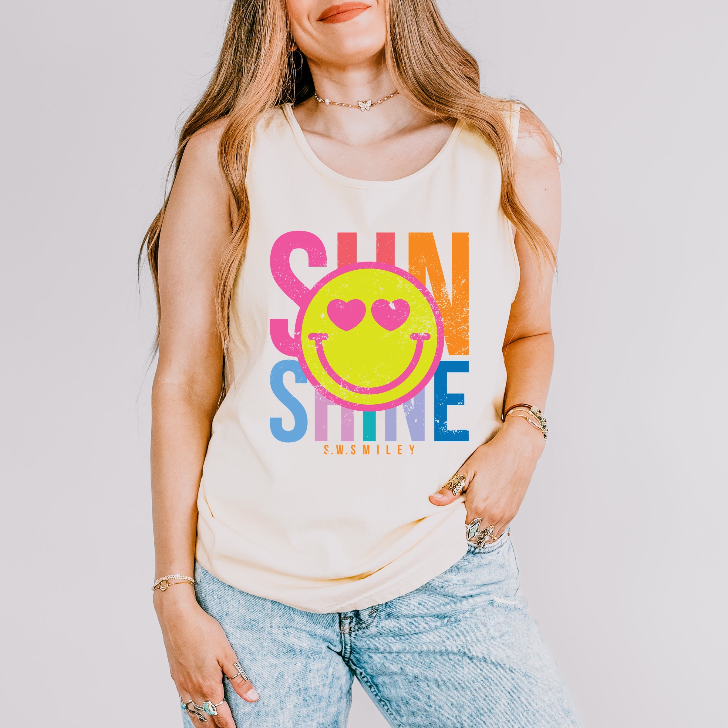 S.W.Smiley Sunshine Neon - Women's Garment Dyed Graphic Tank Top