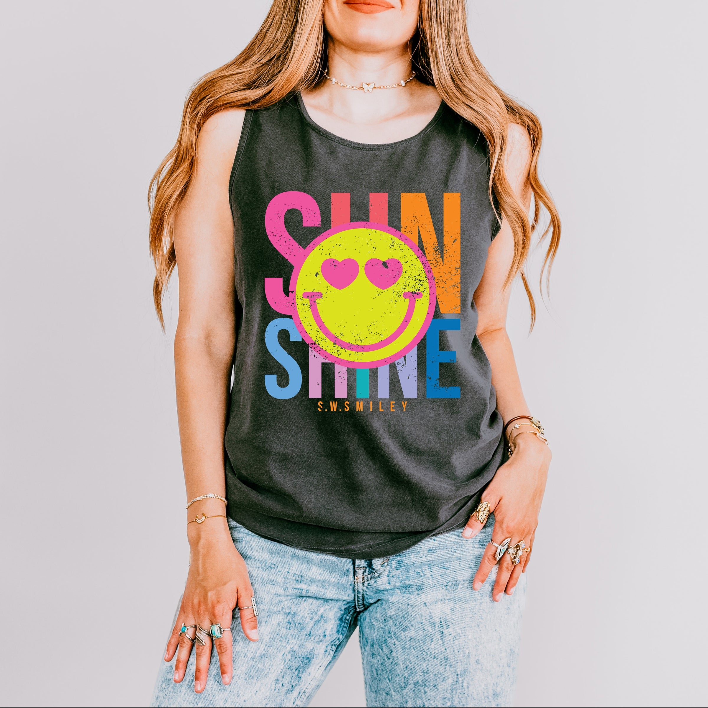 S.W.Smiley Sunshine Neon - Women's Garment Dyed Graphic Tank Top