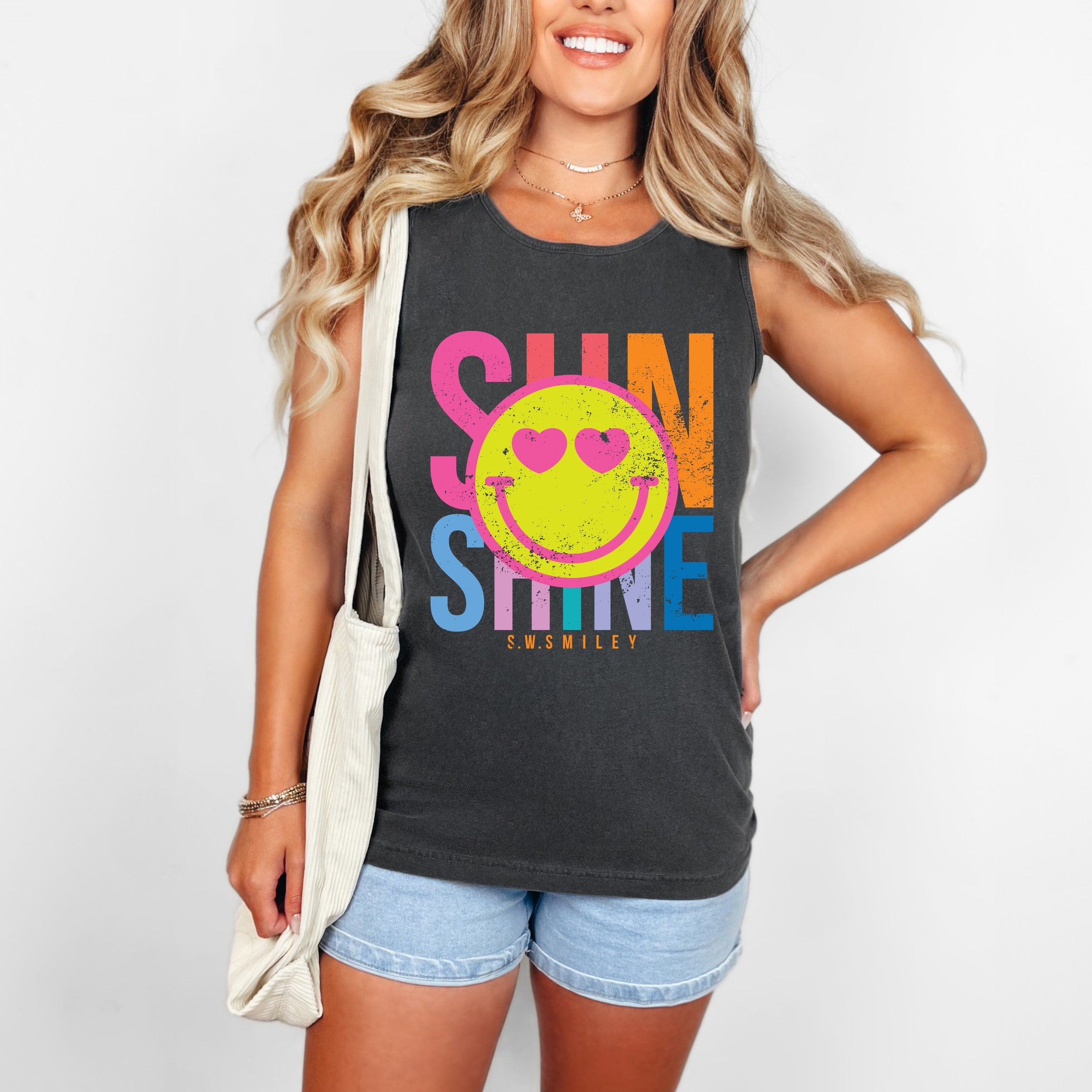 S.W.Smiley Sunshine Neon - Women's Garment Dyed Graphic Tank Top