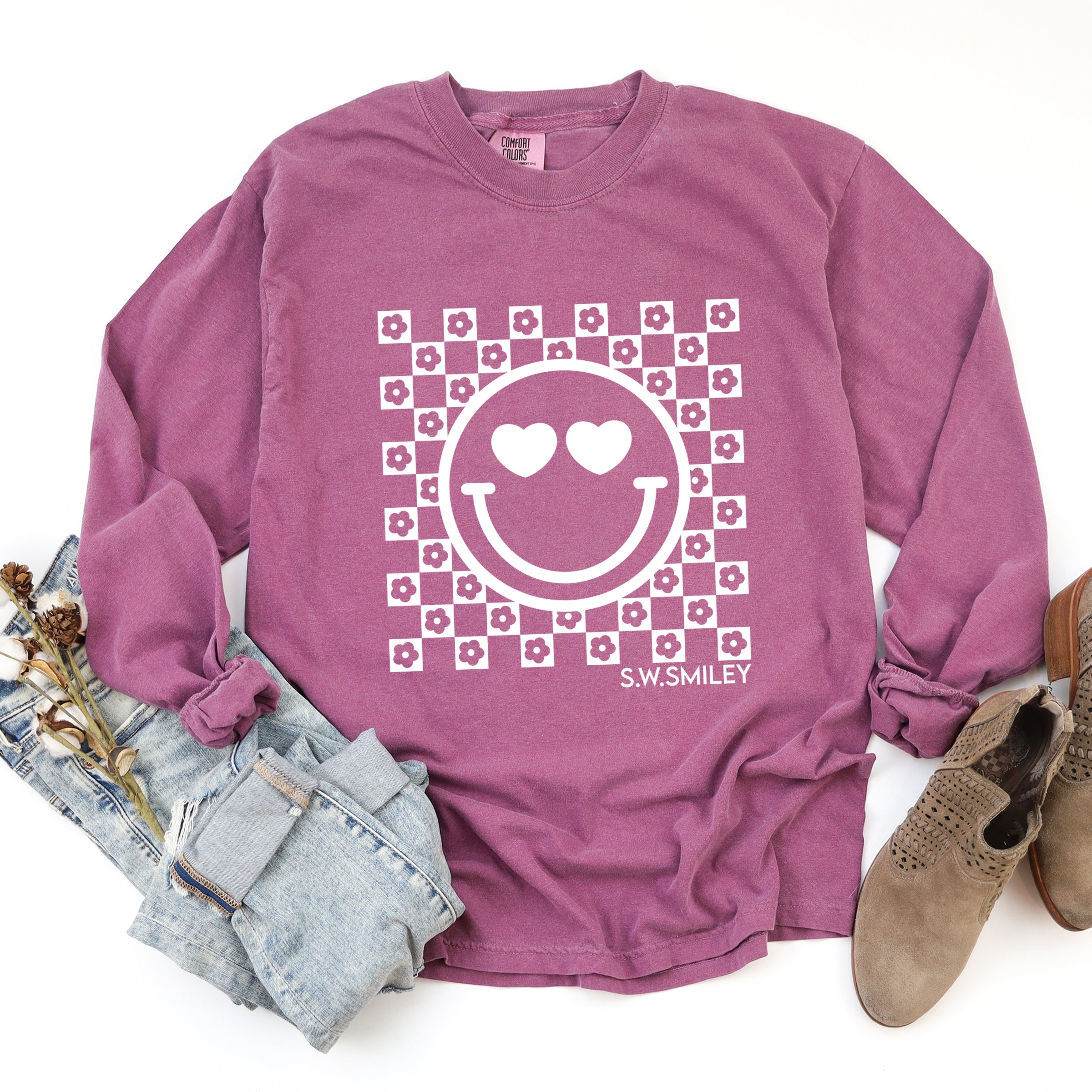 S.W.Smiley Checkered Floral Outline - Women's Garment Dyed Long Sleeve Graphic T-Shirt