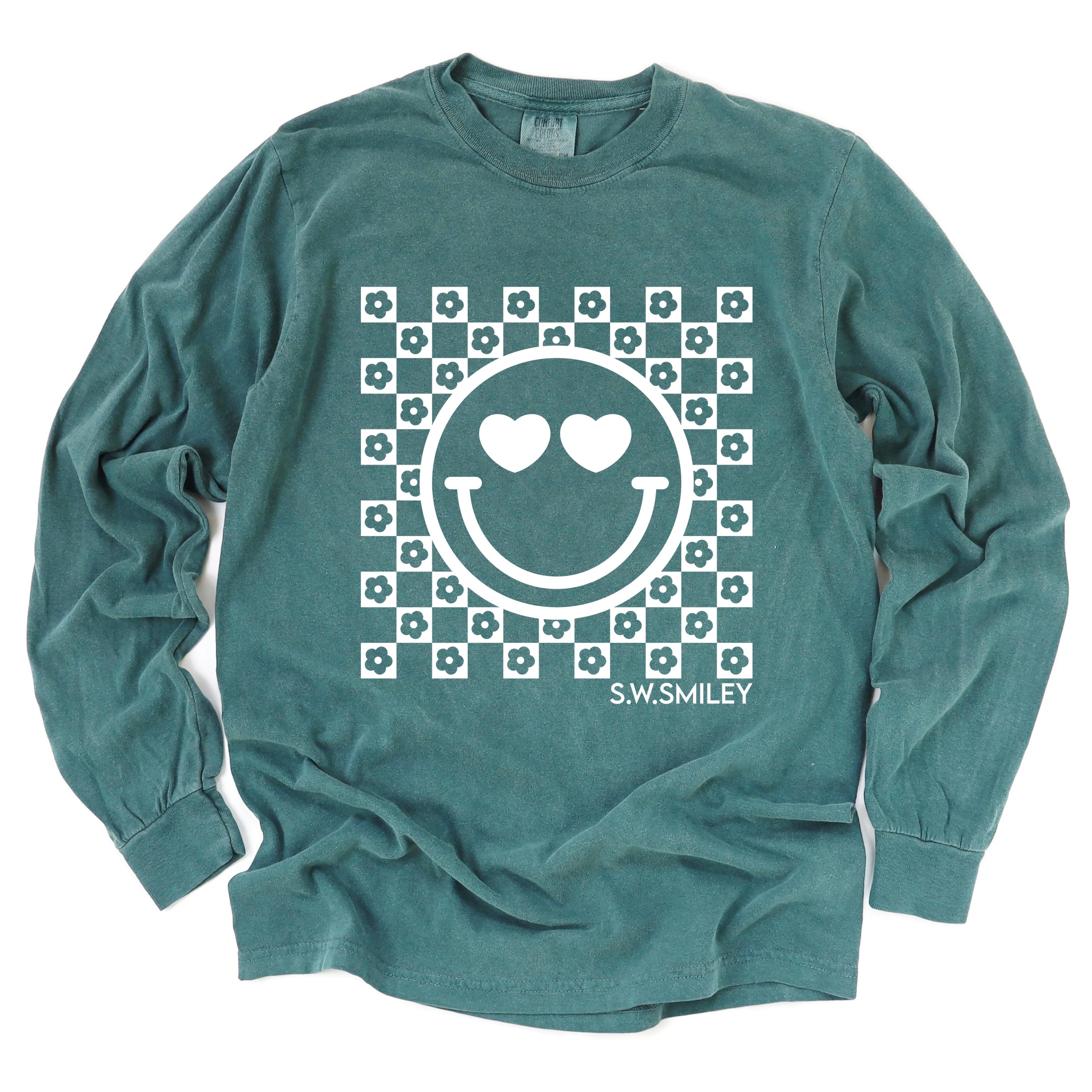 S.W.Smiley Checkered Floral Outline - Women's Garment Dyed Long Sleeve Graphic T-Shirt