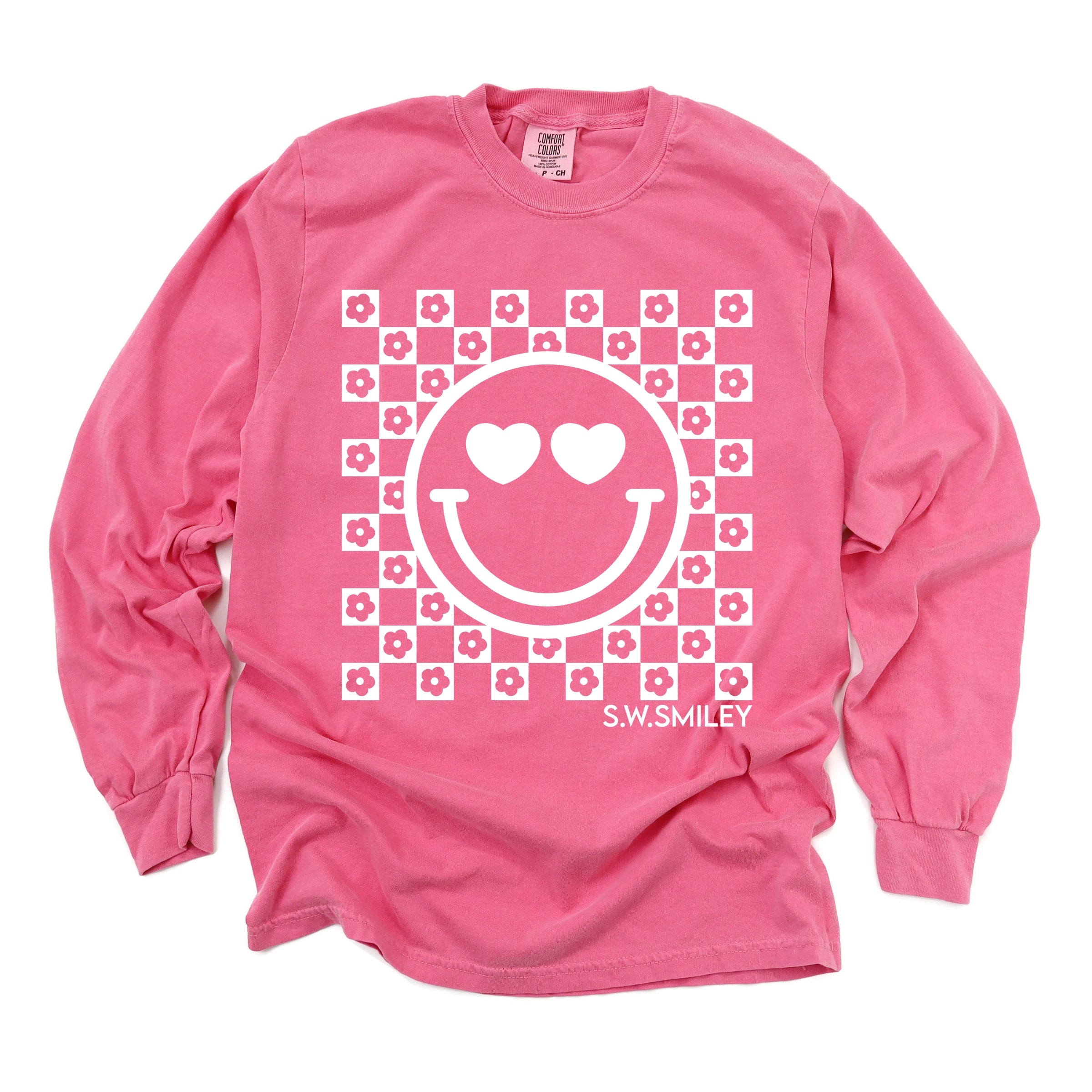 S.W.Smiley Checkered Floral Outline - Women's Garment Dyed Long Sleeve Graphic T-Shirt