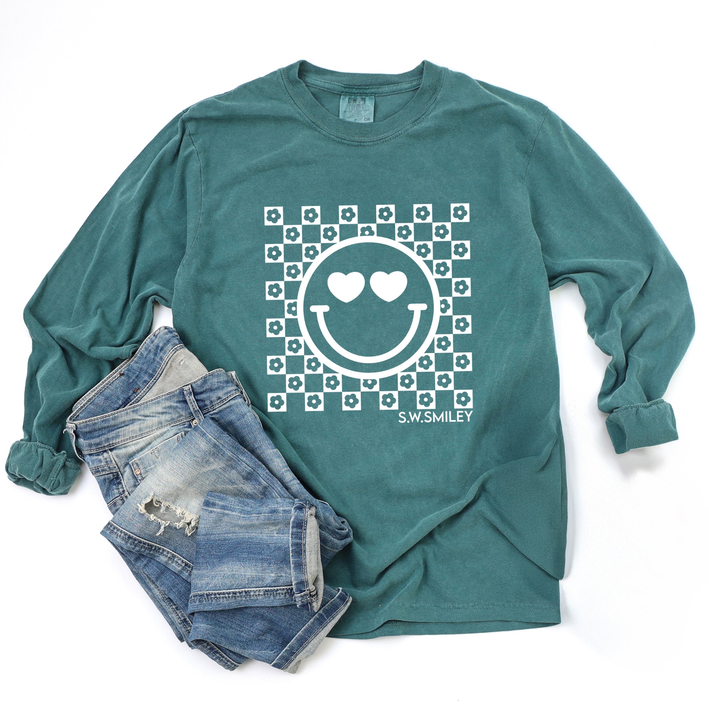 S.W.Smiley Checkered Floral Outline - Women's Garment Dyed Long Sleeve Graphic T-Shirt