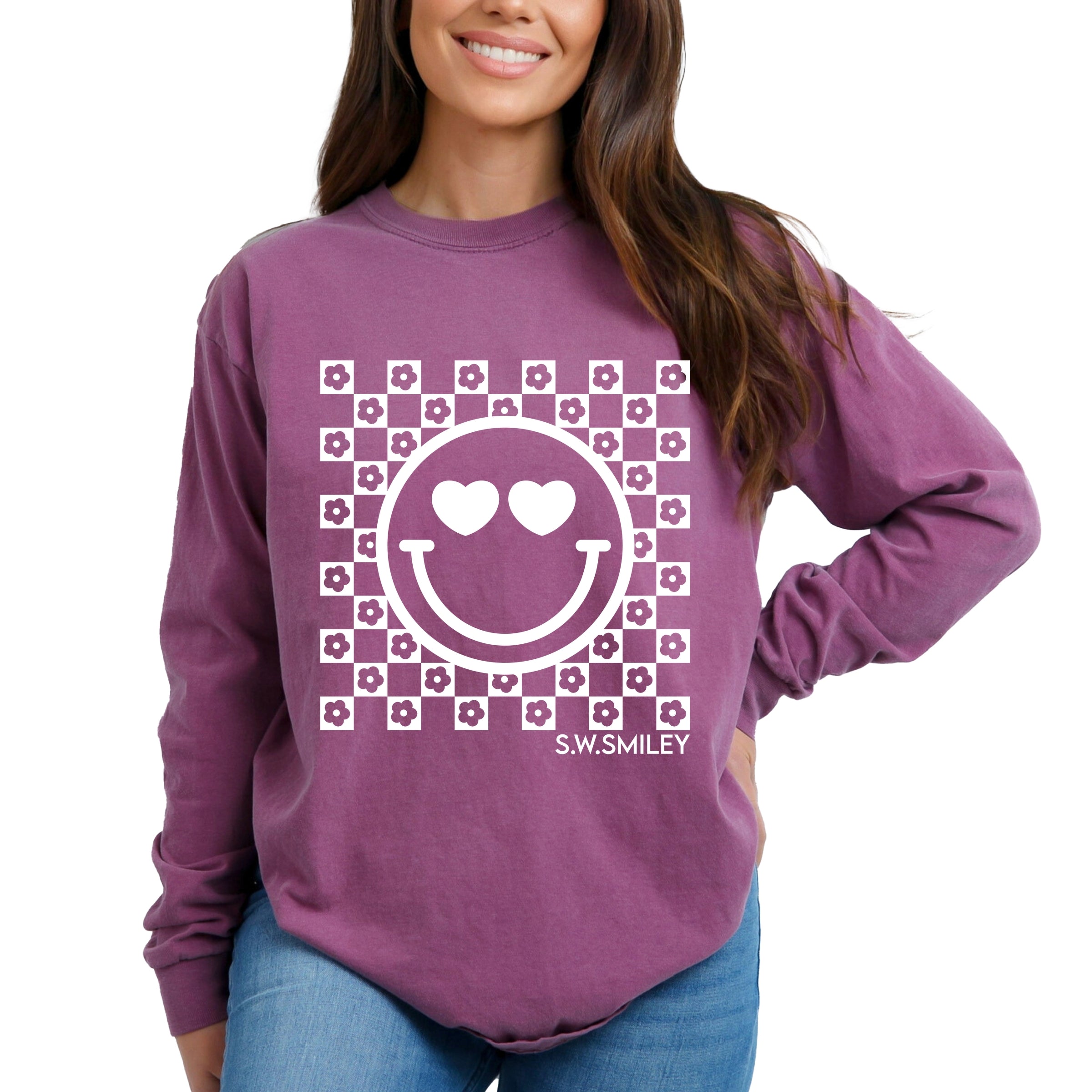 S.W.Smiley Checkered Floral Outline - Women's Garment Dyed Long Sleeve Graphic T-Shirt