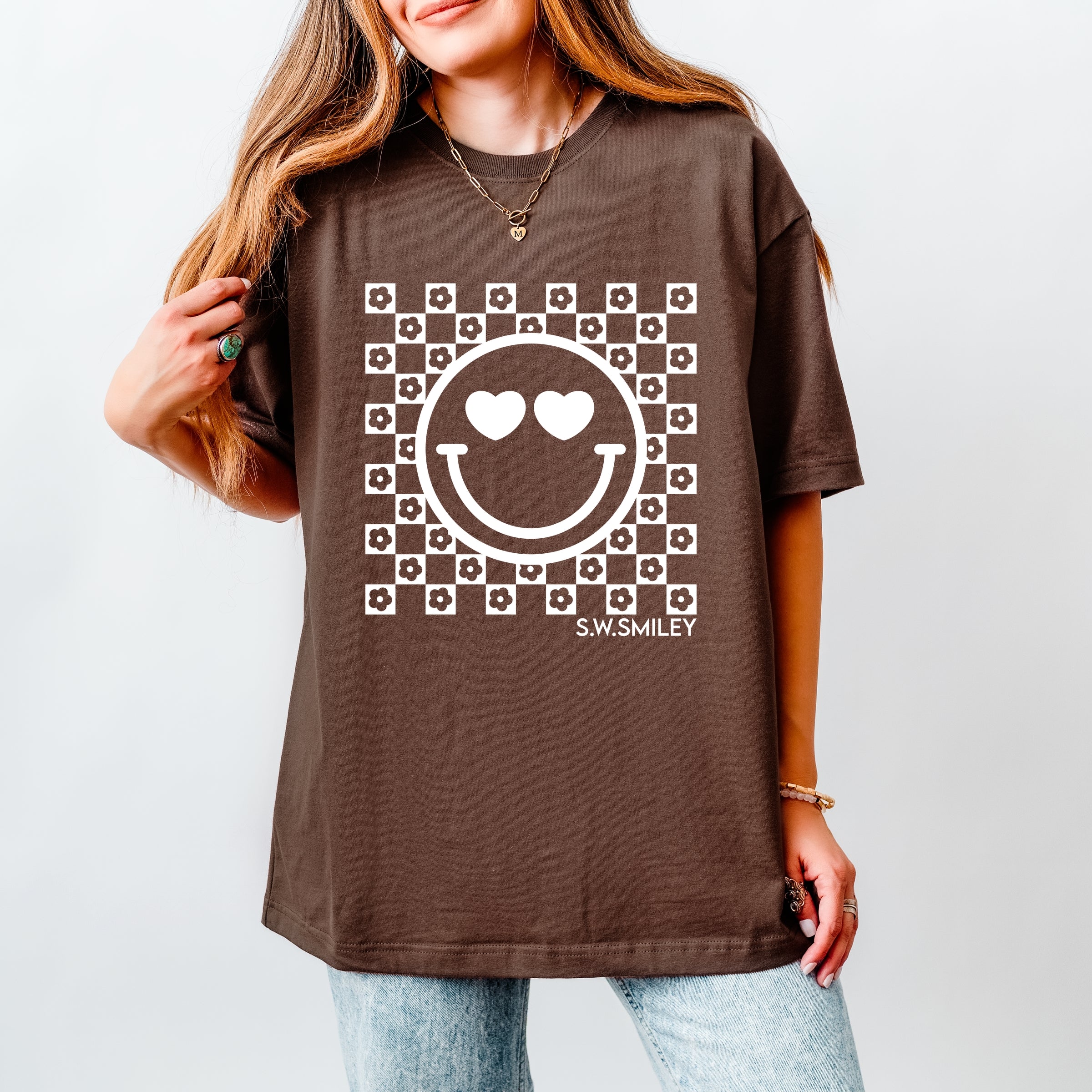 S.W.Smiley Checkered Floral Outline - Women's Heavyweight Graphic T-Shirt